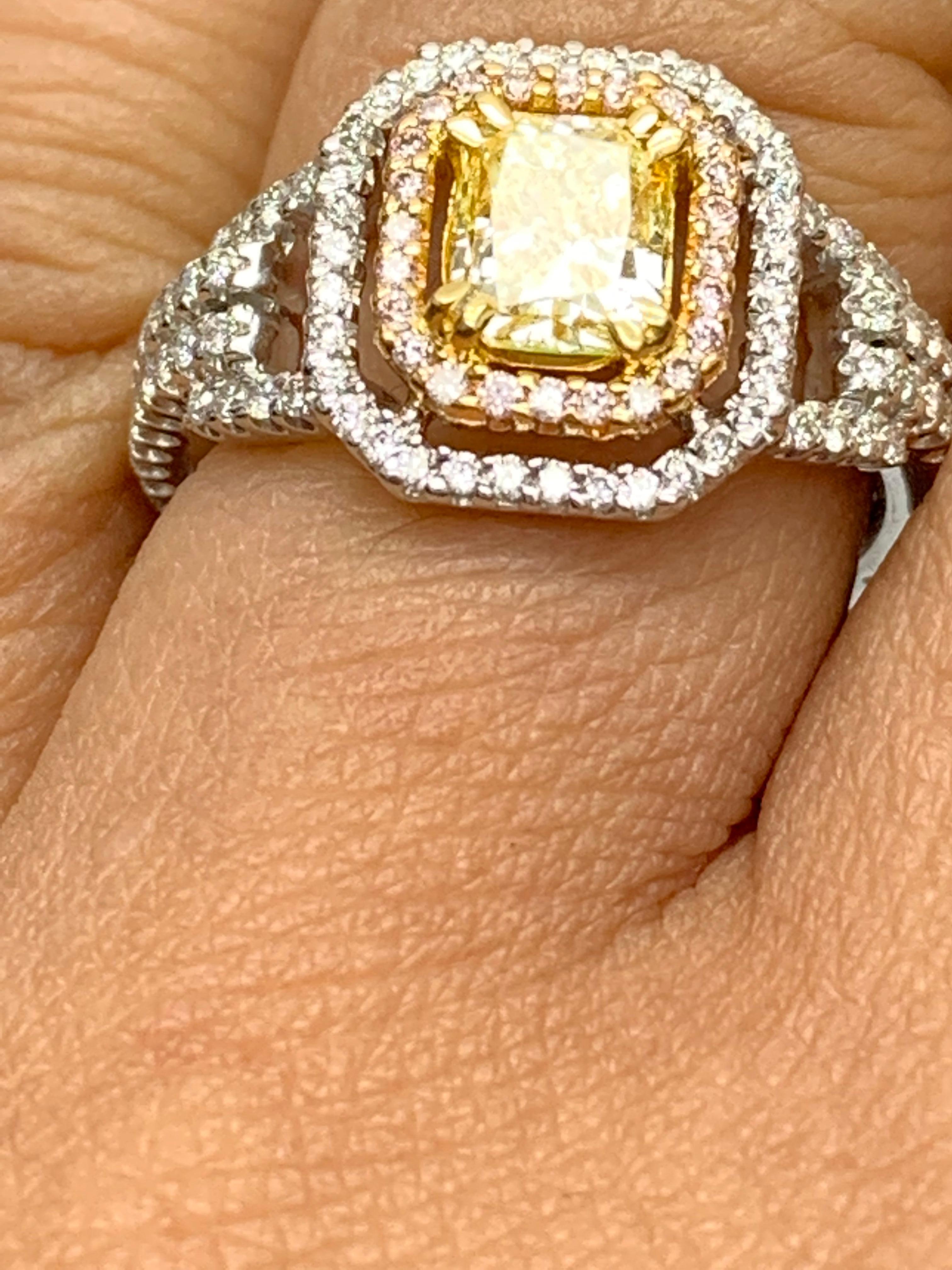 1 Carat Emerald Cut Yellow Diamond Ring in 18k Mix Gold For Sale 3