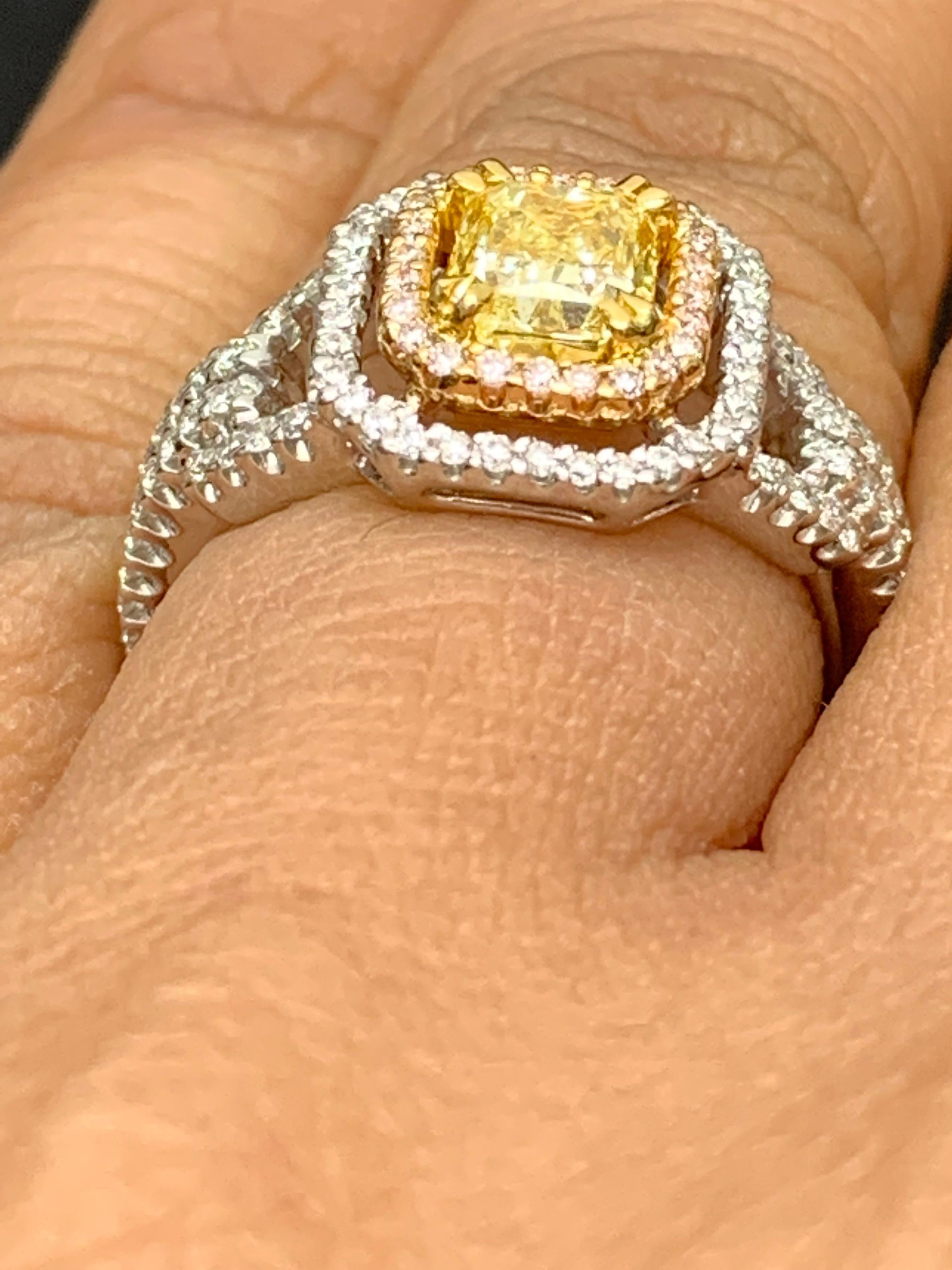 1 Carat Emerald Cut Yellow Diamond Ring in 18k Mix Gold For Sale 4