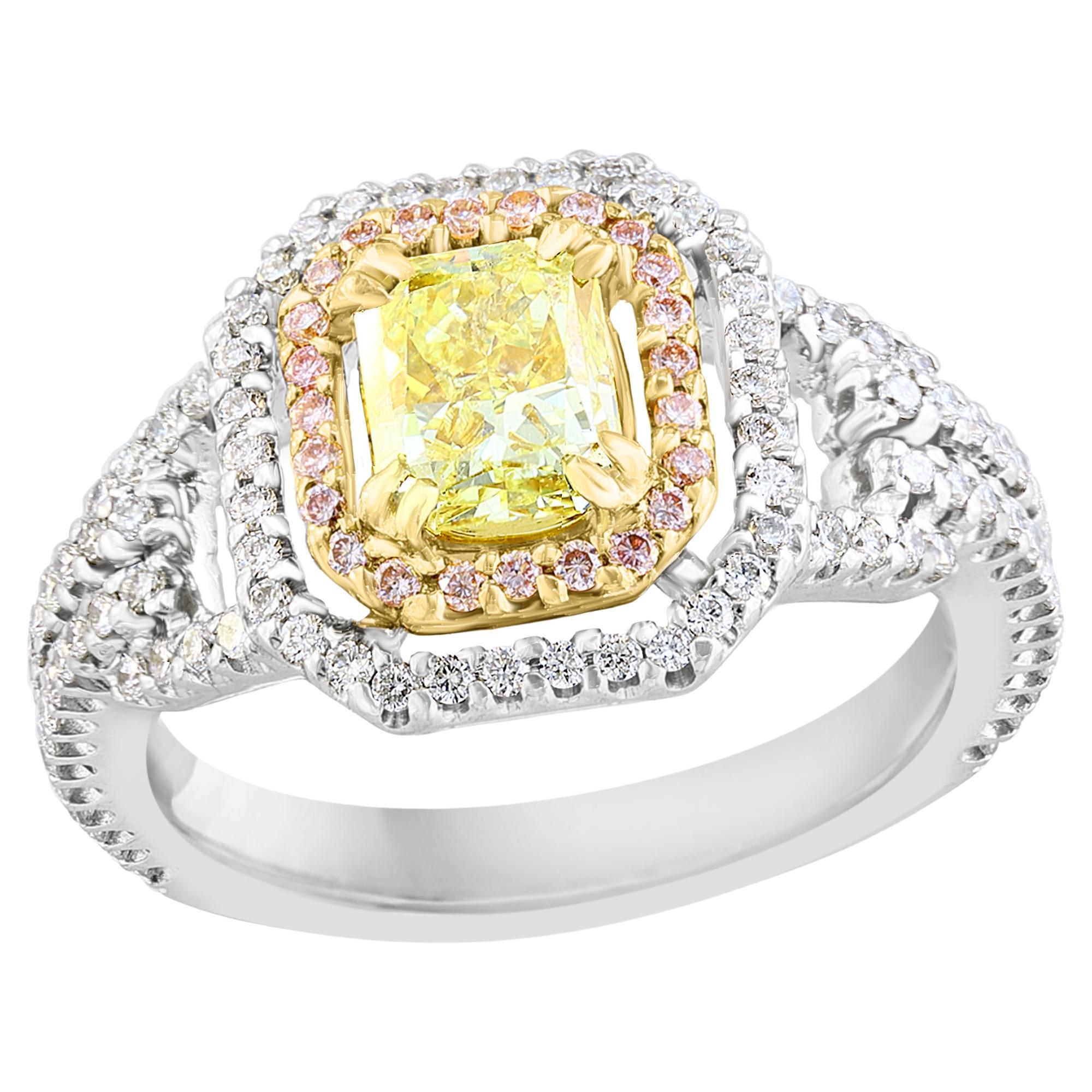 1 Carat Emerald Cut Yellow Diamond Ring in 18k Mix Gold For Sale