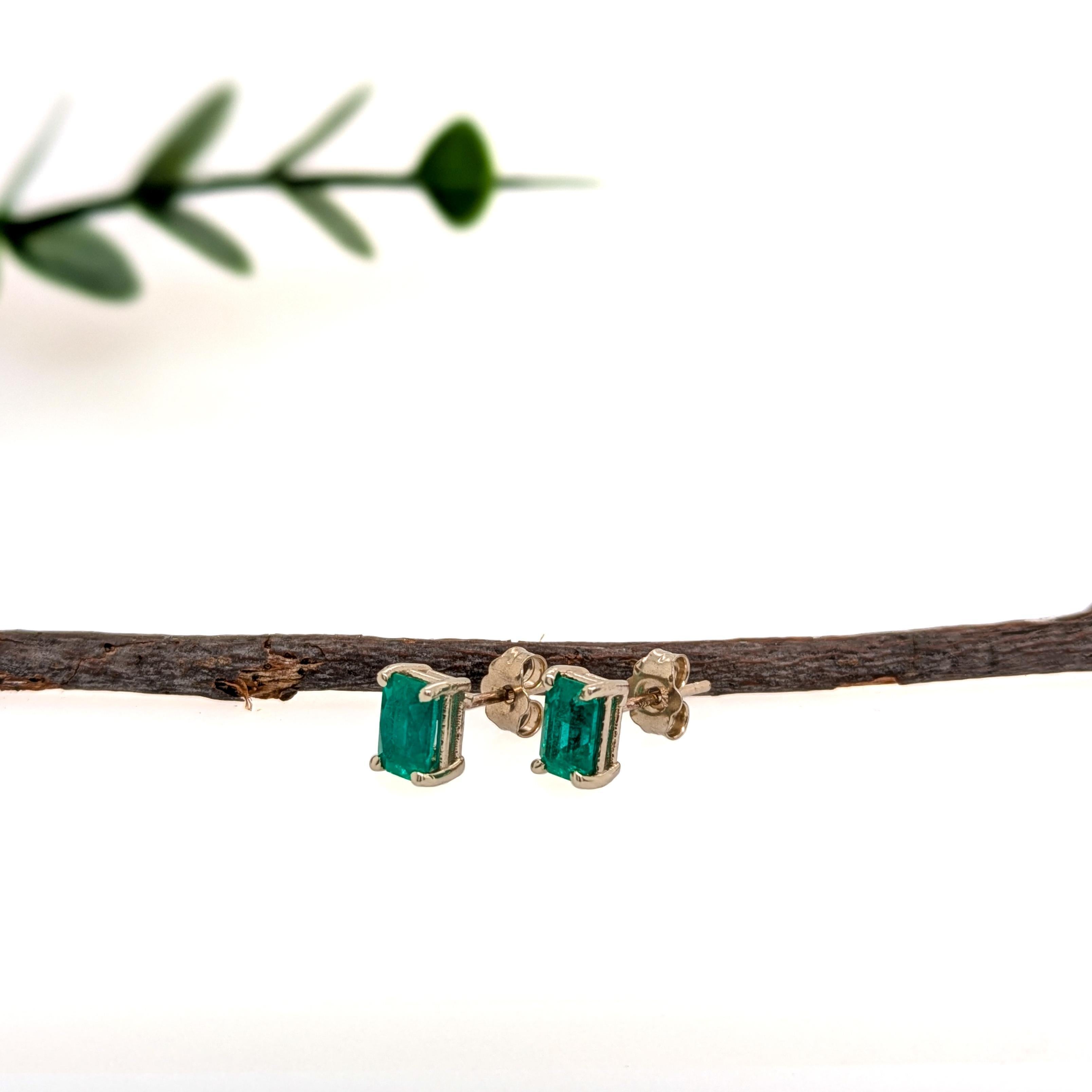 These 1.05 carat emerald-cut studs (6x4mm) shine with timeless beauty. Set in solid 14K White gold, the rich green hue of the natural emeralds adds a sophisticated pop of color to any look.

Specifications:

Item Type: Solitaire Studs
Center