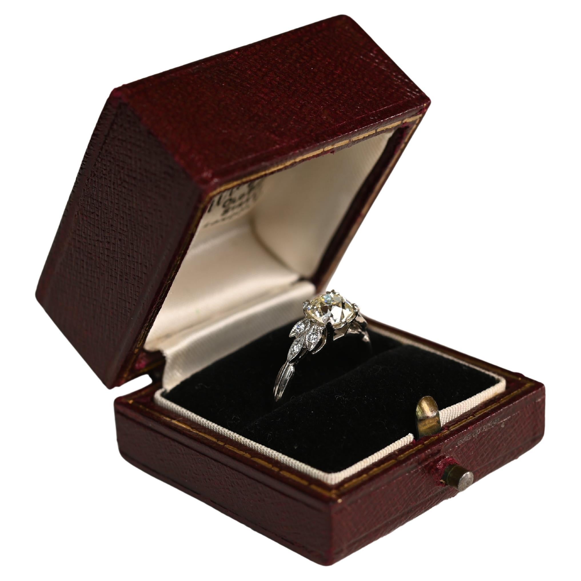 Platinum and 1ct Diamond Ring. Old European Cut and Old Mine Accent Ring K VS2 For Sale