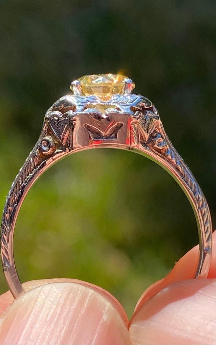 1 Carat Fancy Brown Diamond Vintage Art Deco Platinum Ring For Sale 4