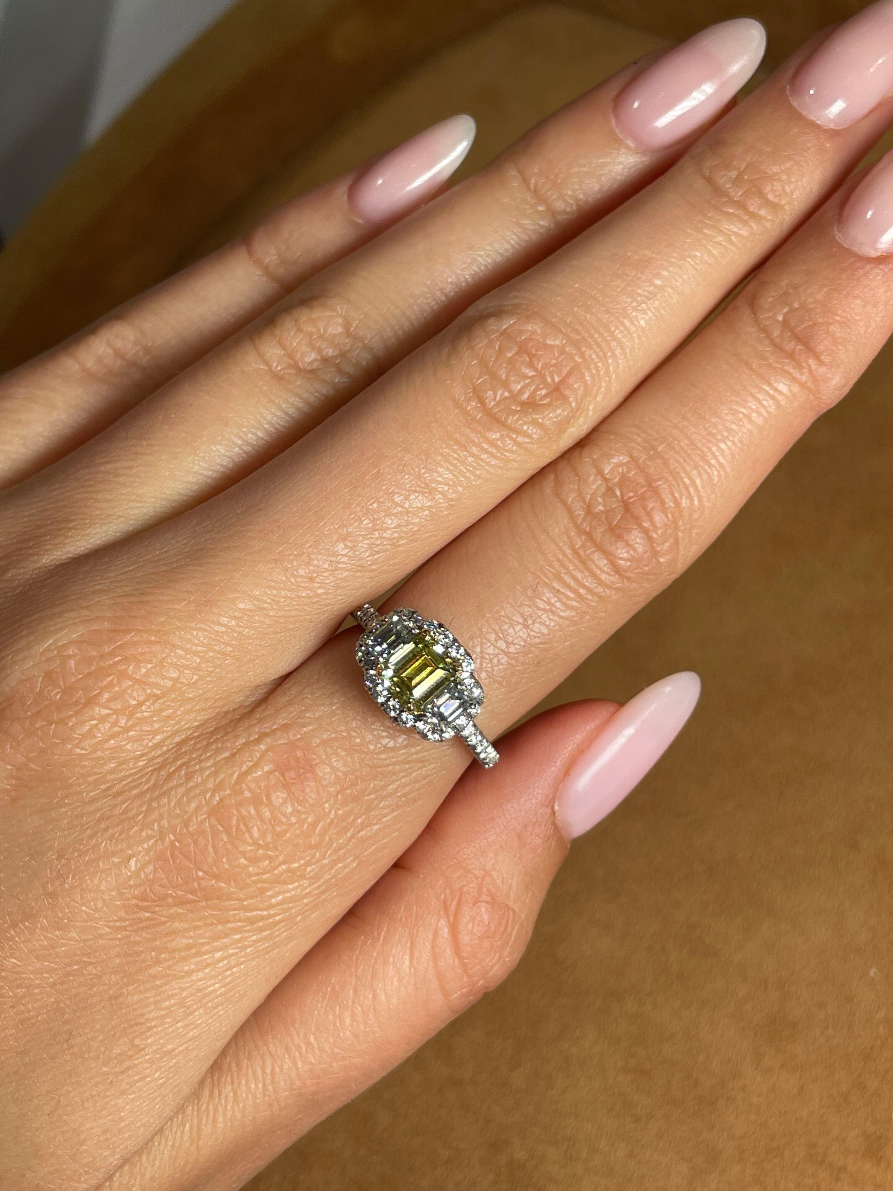 Emerald Cut 1 Carat Fancy Intense Yellow Diamond Engagement 3 Stones Ring, GIA Certified For Sale