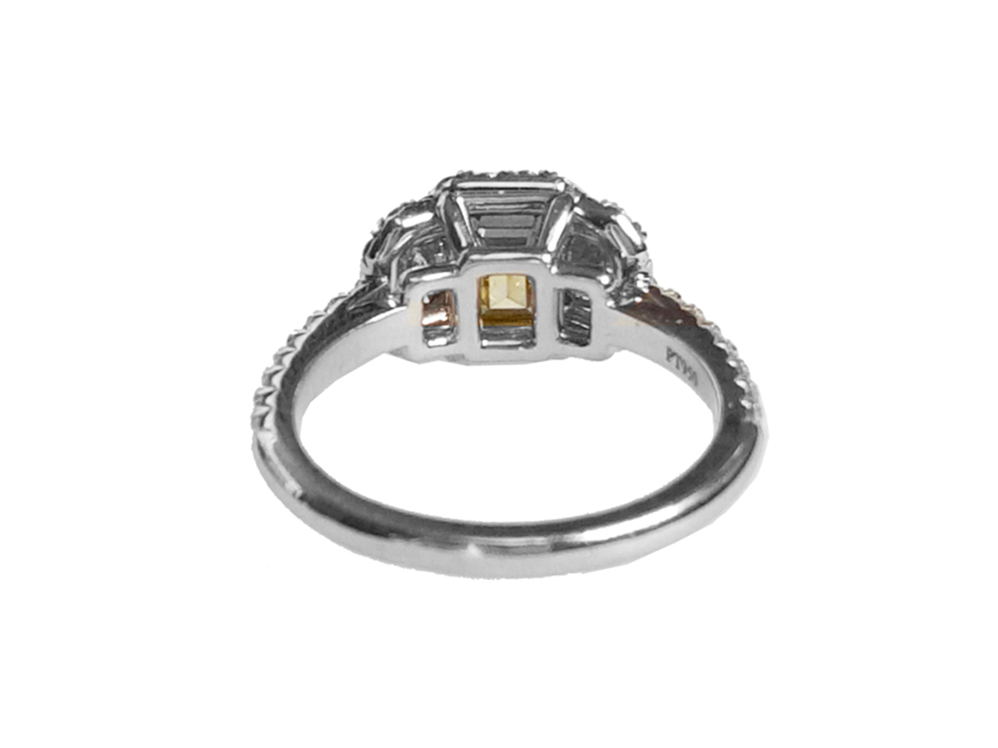 Emerald Cut 1 Carat Fancy Intense Yellow Diamond Engagement 3 Stones Ring, GIA Certified For Sale