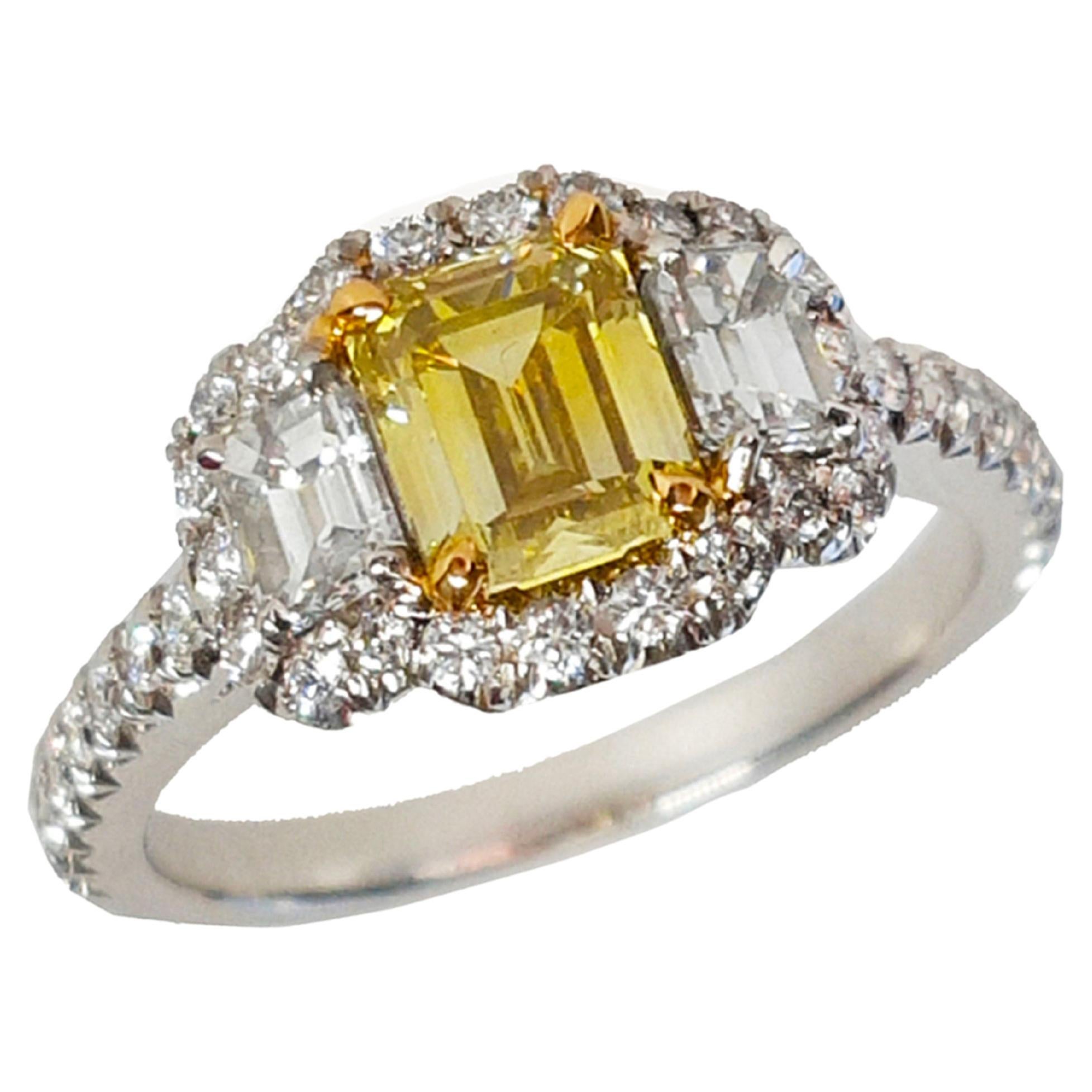 1 Carat Fancy Intense Yellow Diamond Engagement 3 Stones Ring, GIA Certified For Sale