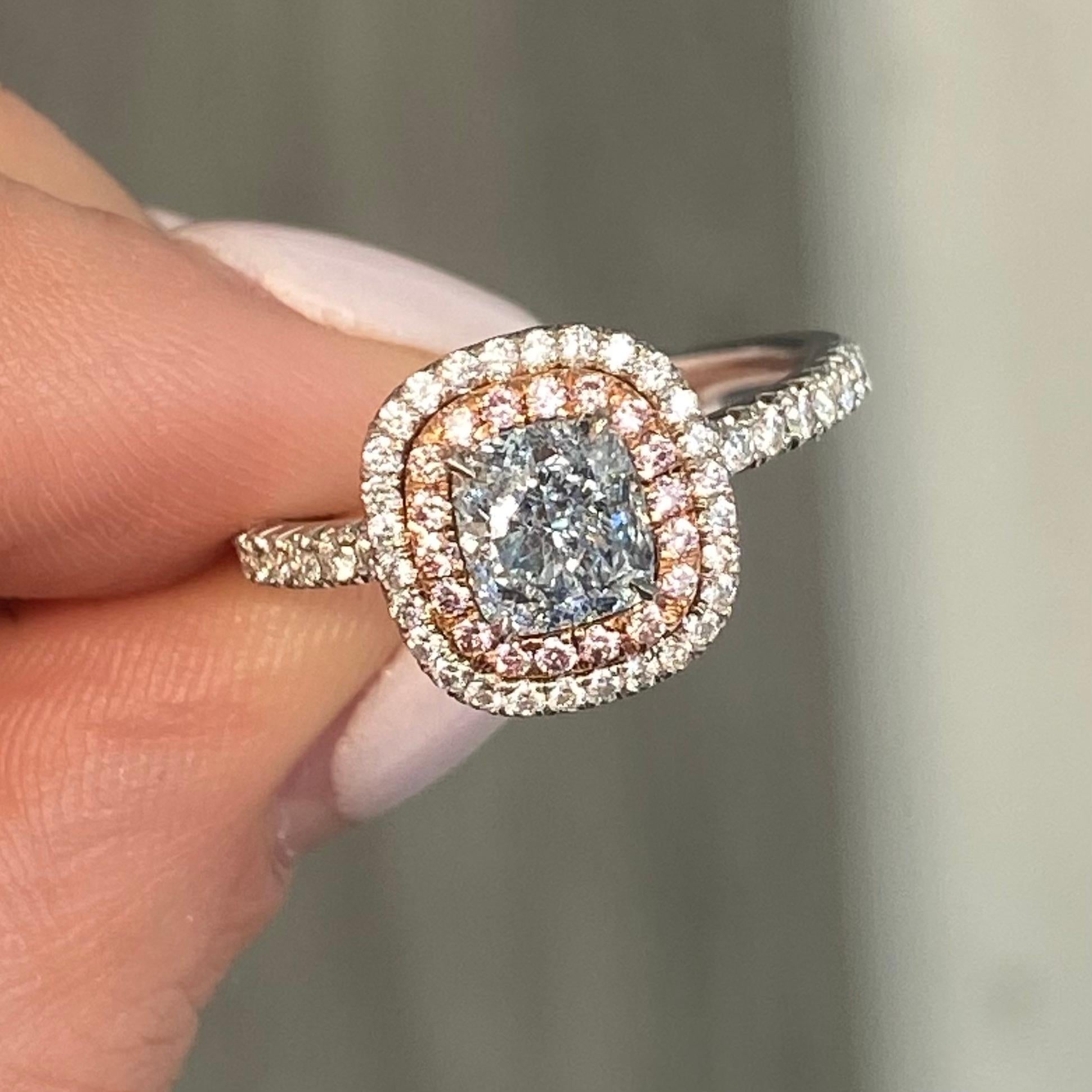 1 Carat Cushion Fancy Light Blue Diamond Ring In New Condition For Sale In New York, NY