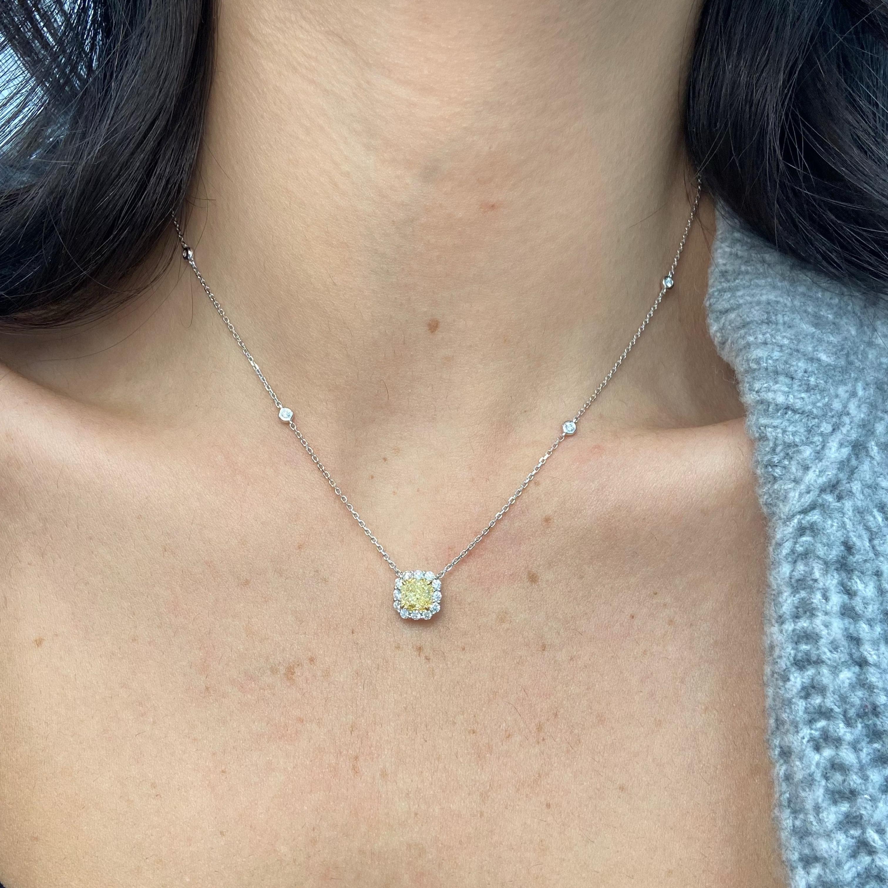 Cushion Cut 1 Carat Fancy Light Yellow Cushion with White Halo Diamond Pendant Necklace For Sale