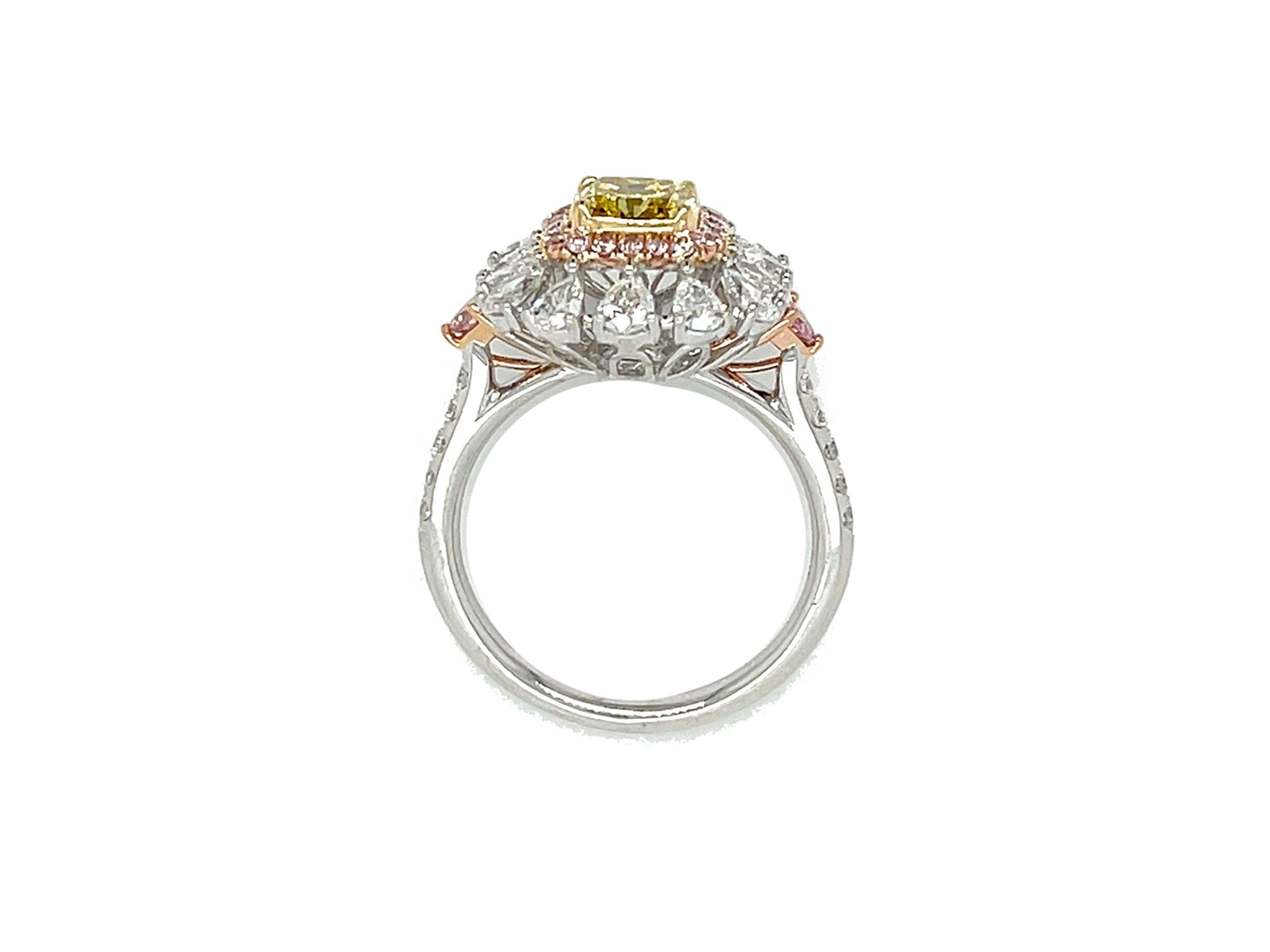 Radiant Cut 1 Carat Fancy Vivid Yellow Diamond Engagement Cocktail Ring, GIA Certified 18K G For Sale