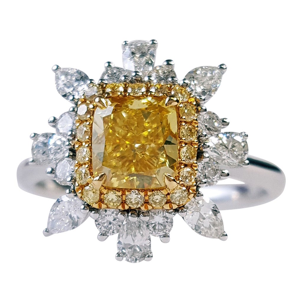 Anillo de compromiso de 1 quilate de diamante amarillo vivo de fantasía, certificado GIA 18K G en venta