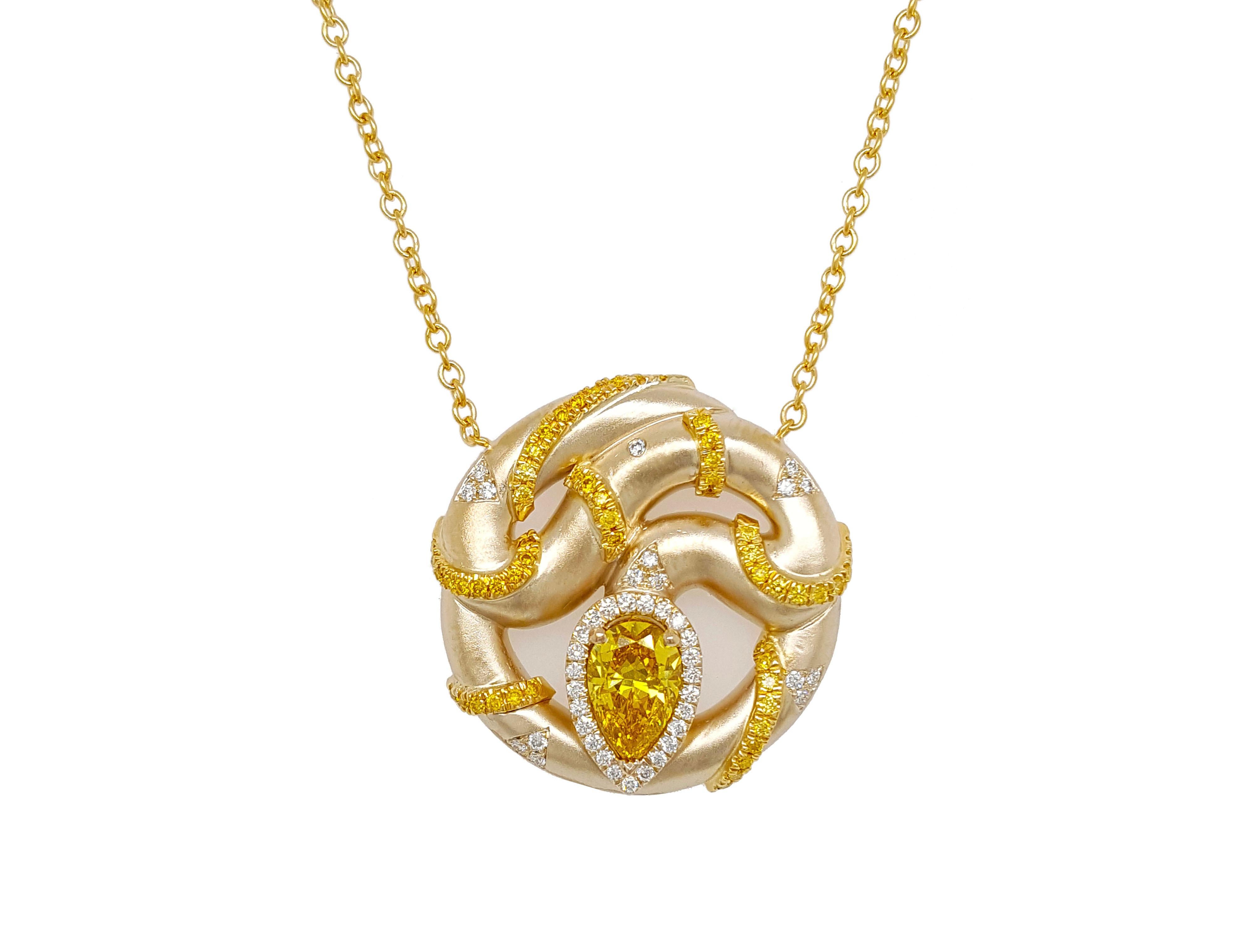 Featuring a unique Snake Pendant Necklace 18K Yellow gold, 1.03 carat pear-shaped Fancy Vivid Yellow diamond pendant. certified by GIA as VS1 clarity. A miniature masterpiece painted in the finest round brilliant yellow and white diamonds, swirls of