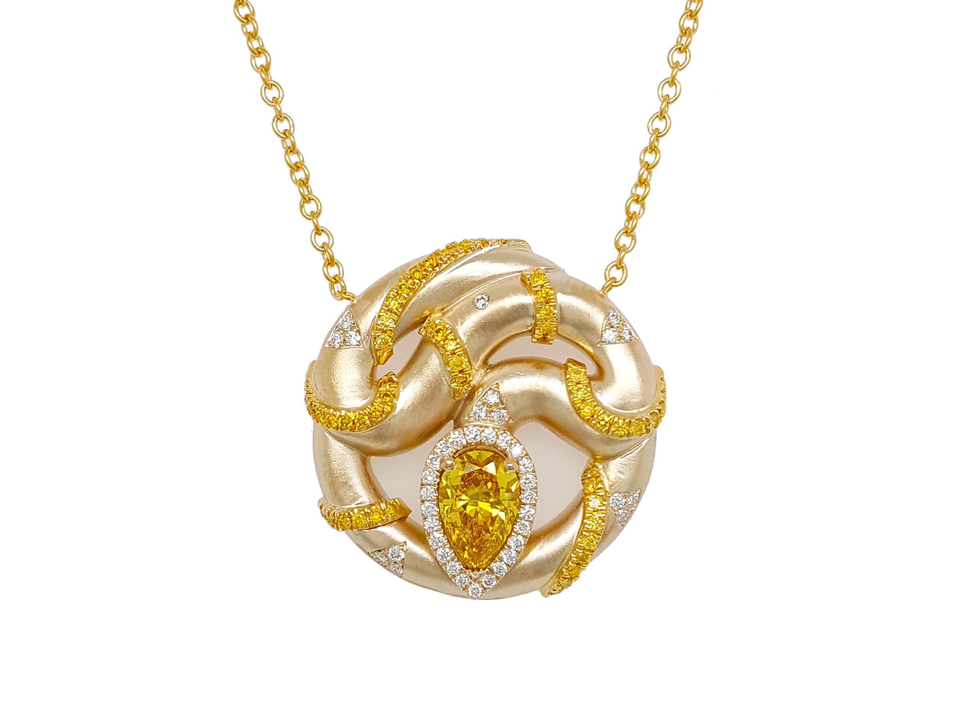 Contemporary 1 Carat Fancy Vivid Yellow Diamond Pendant Necklace 18K Gold GIA Certified For Sale