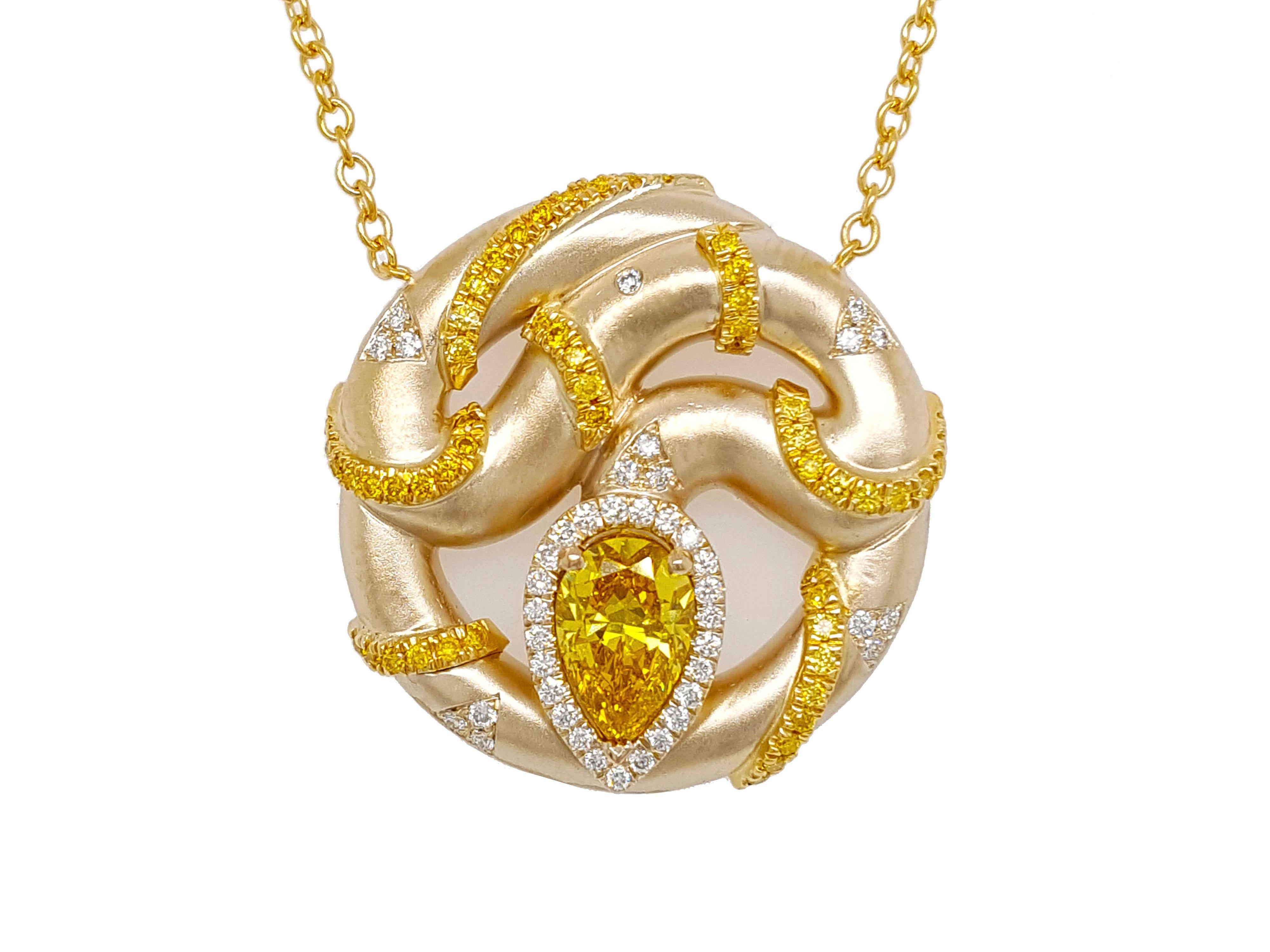 Pear Cut 1 Carat Fancy Vivid Yellow Diamond Pendant Necklace 18K Gold GIA Certified For Sale