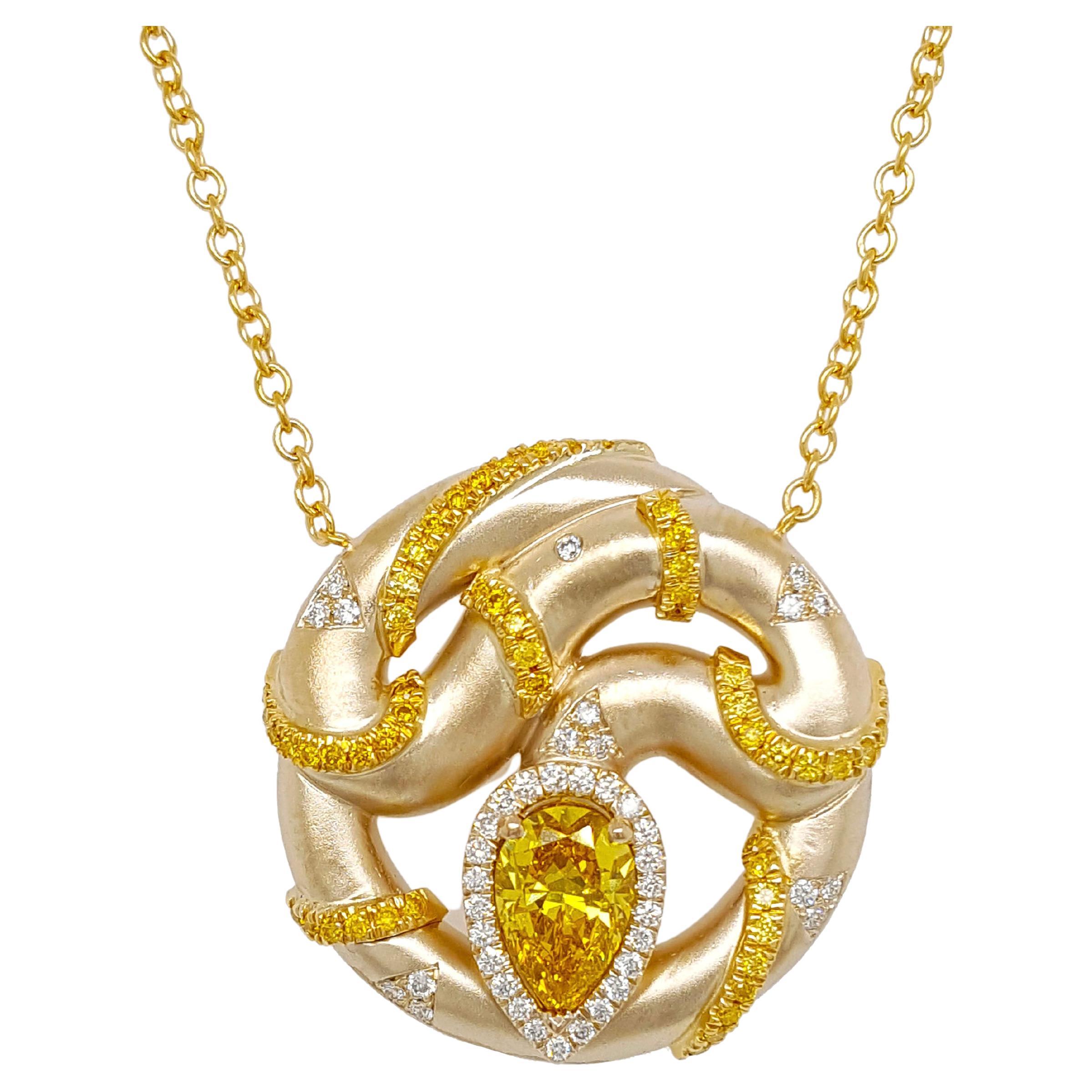 1 Carat Fancy Vivid Yellow Diamond Pendant Necklace 18K Gold GIA Certified For Sale