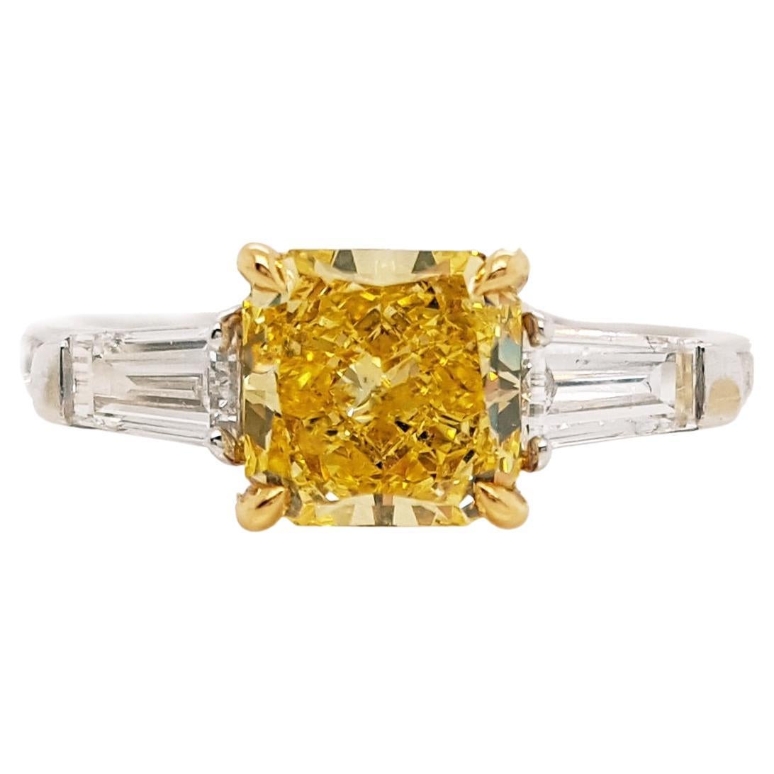 1 Carat Fancy Vivid Yellow Diamond Three-Stone Engagement Ring, GIA Report For Sale