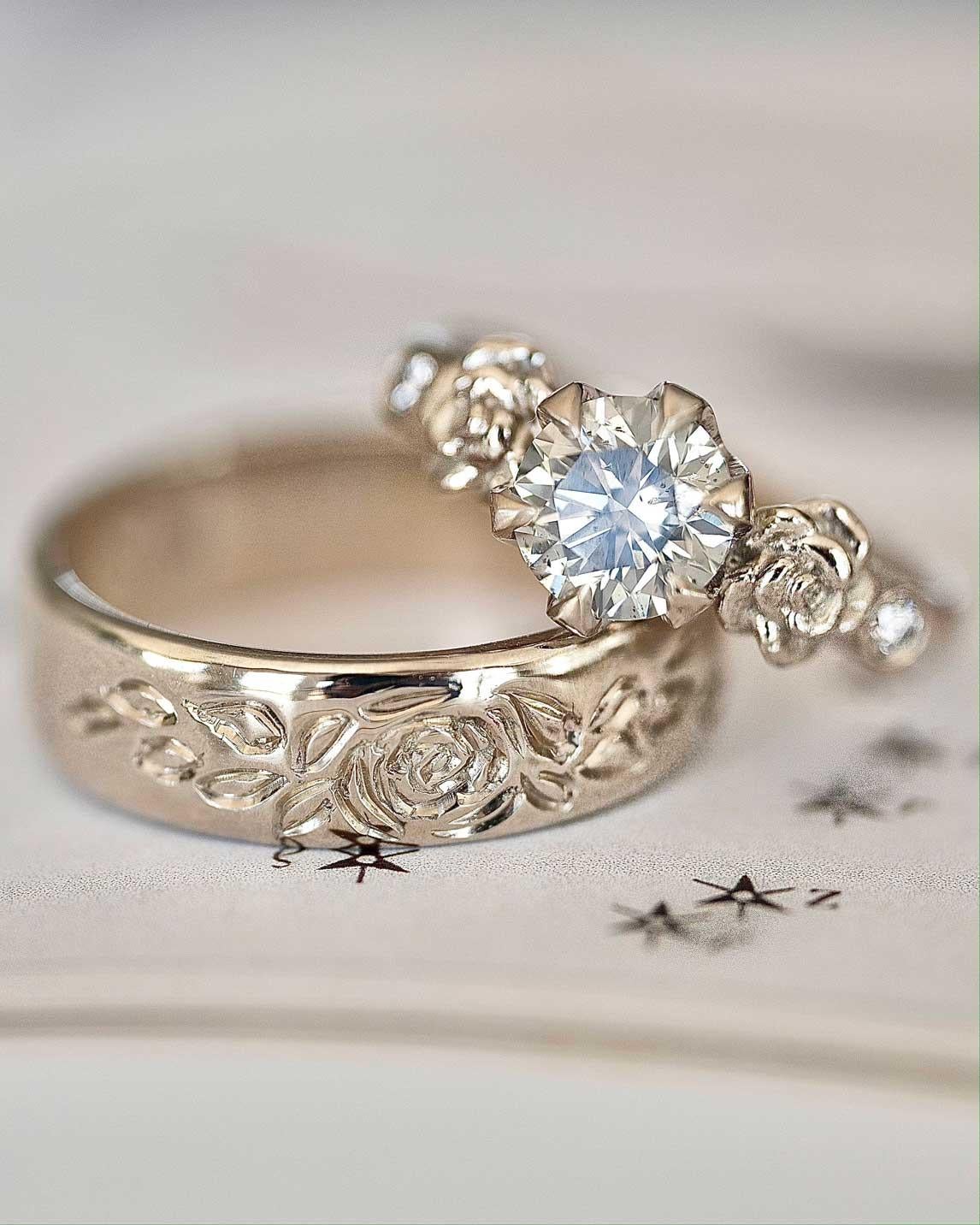 For Sale:  1 Carat Flora Rose Detail Icy Salt and Pepper Natural Diamond Ring 11
