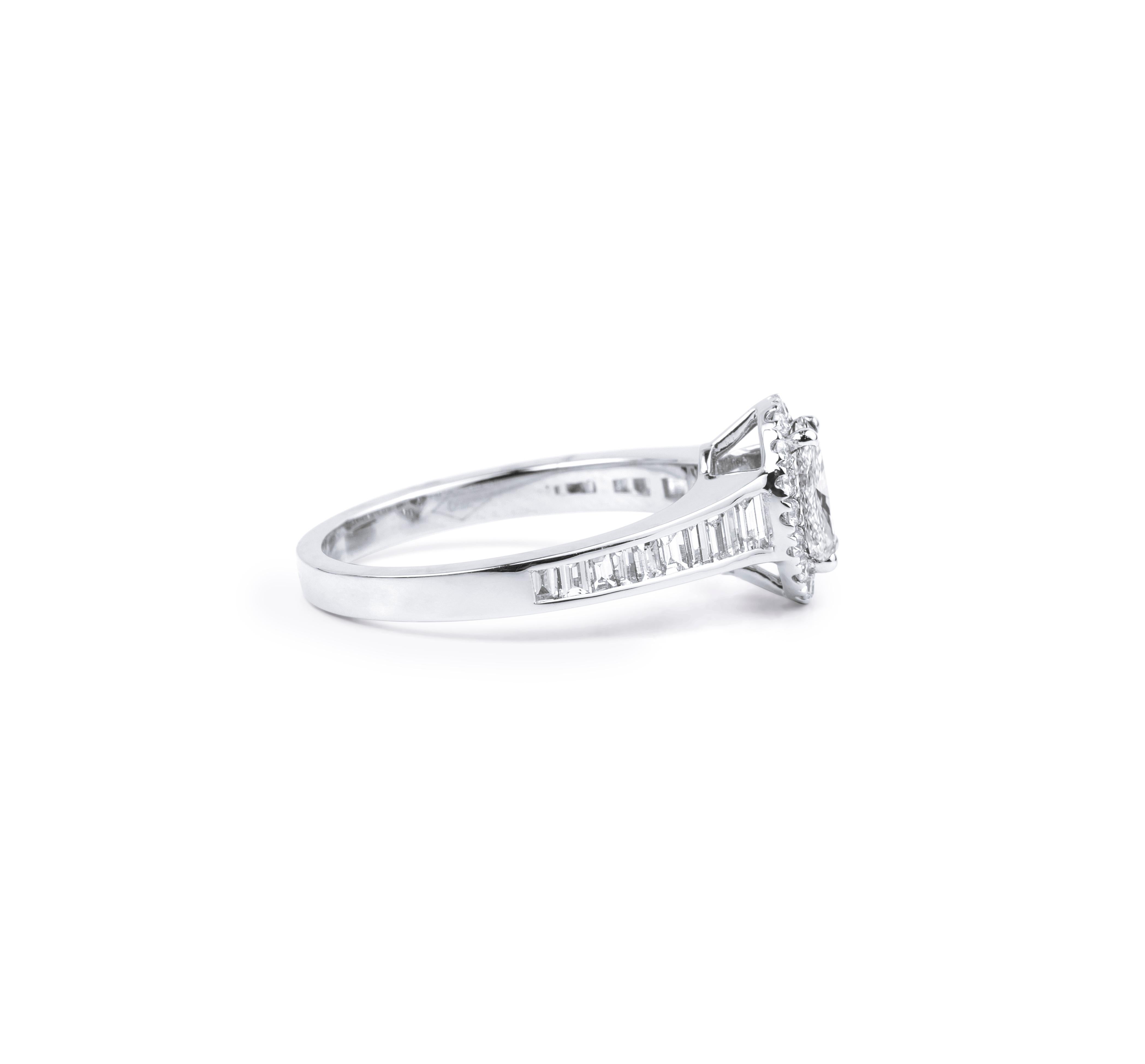 Art Deco GIA Report Certified E VS1 1 Carat Oval Cut Diamond Engagement Ring Baguettes For Sale