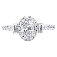 1.00ct GIA Oval Diamond Three-Stone Halo Engagement Ring in 18K White Gold