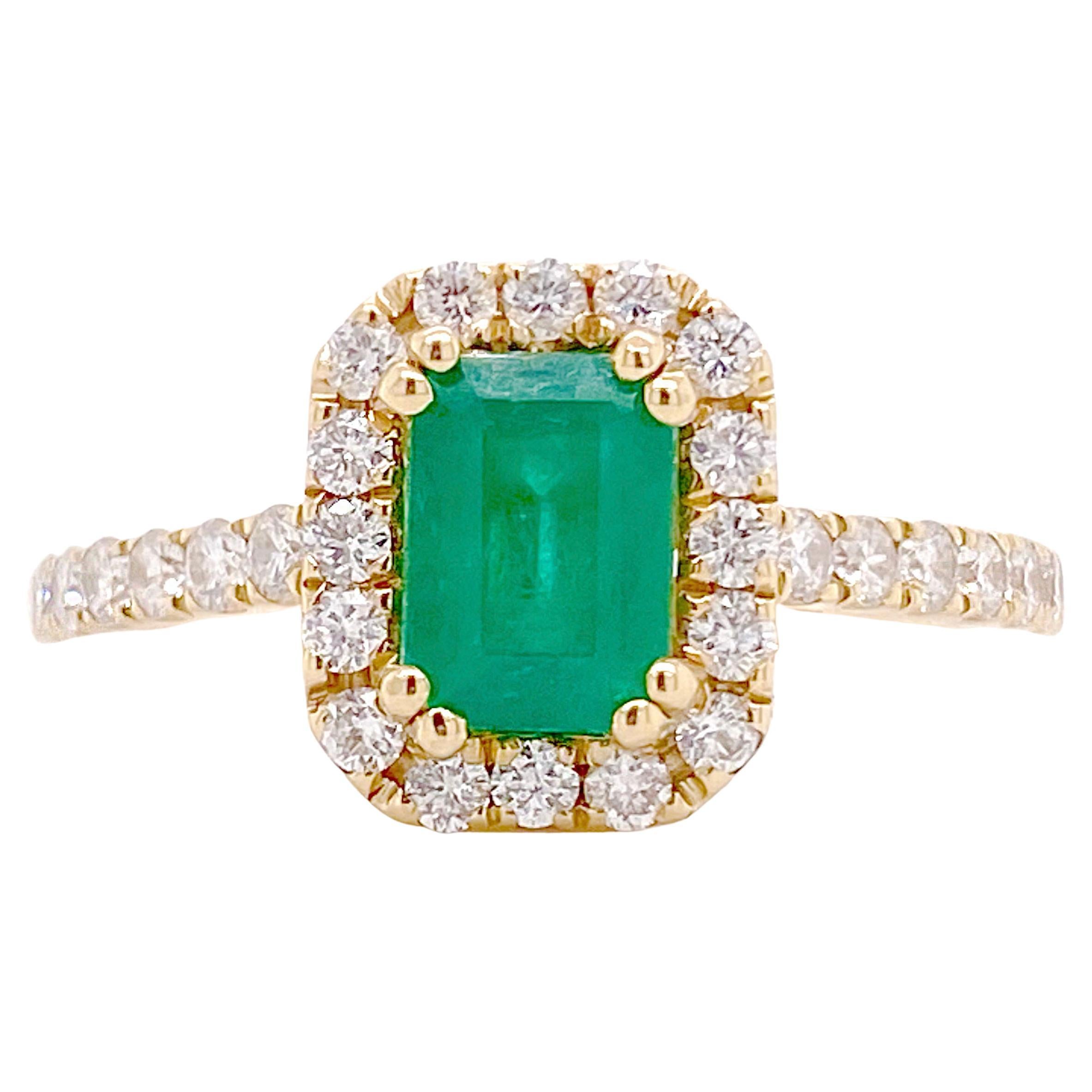 1 Carat Genuine Emerald and .50 Carat Diamond Halo Engagement Ring, Yellow Gold For Sale