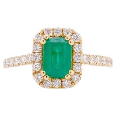 1 Carat Genuine Emerald and .50 Carat Diamond Halo Engagement Ring, Yellow Gold