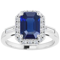 1.27 Carat Unheated Emerald-Cut Burma Sapphire and Diamond Halo Bridal Ring