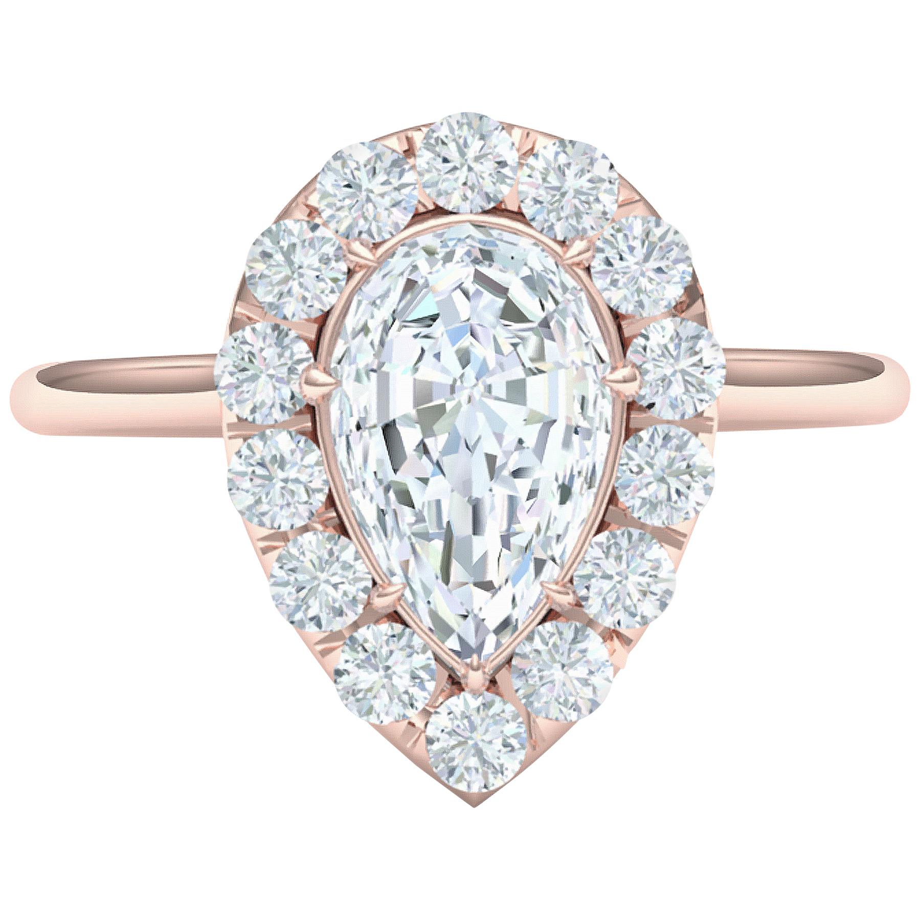 1 Carat GIA Certified Pear Shape Diamond Halo Rose Gold Engagement Ring For Sale