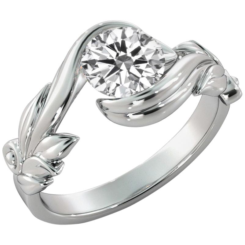 1 Carat GIA Diamond Engagement Ring, Leaf Setting Diamond White Gold Ring