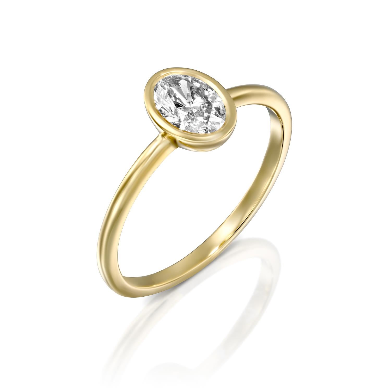 Classic and timeless oval GIA certified diamond engagement ring. Ring features a 1 carat oval cut 100% eye clean natural diamond of F-G color and VS2-SI1 clarity. Set in a sleek, 18K yellow gold, solitaire ring with a bezel setting, this fantastic