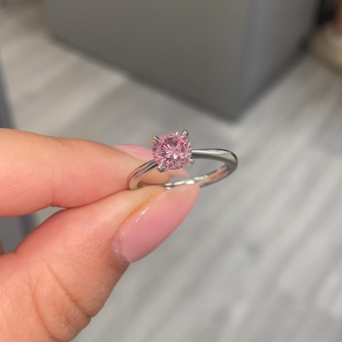 Round Cut Rare Colors - 1 Carat GIA Fancy Intense Pink Round Diamond Ring For Sale