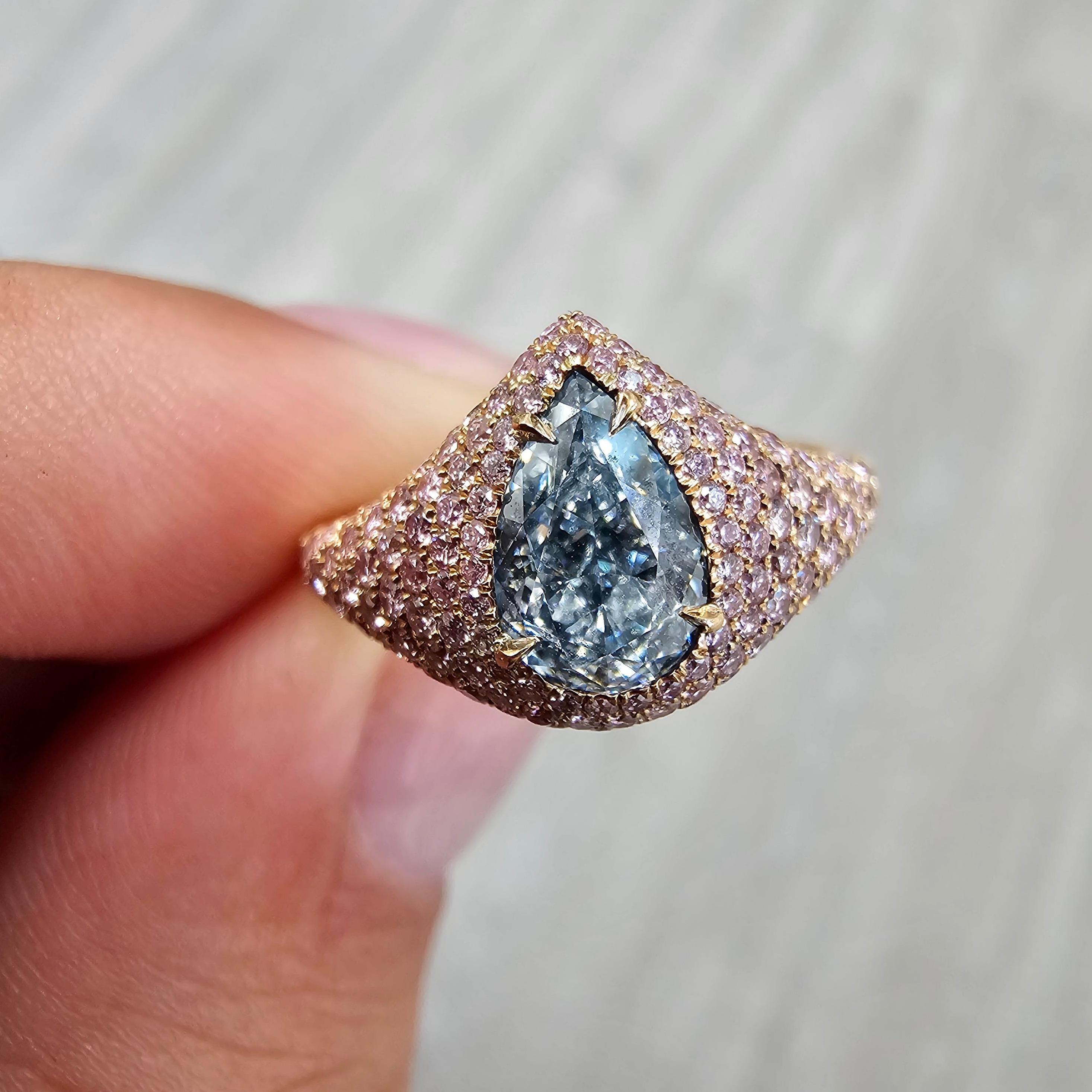Pear Cut 1 Carat GIA Light Blue Pear Shape Diamond Ring For Sale
