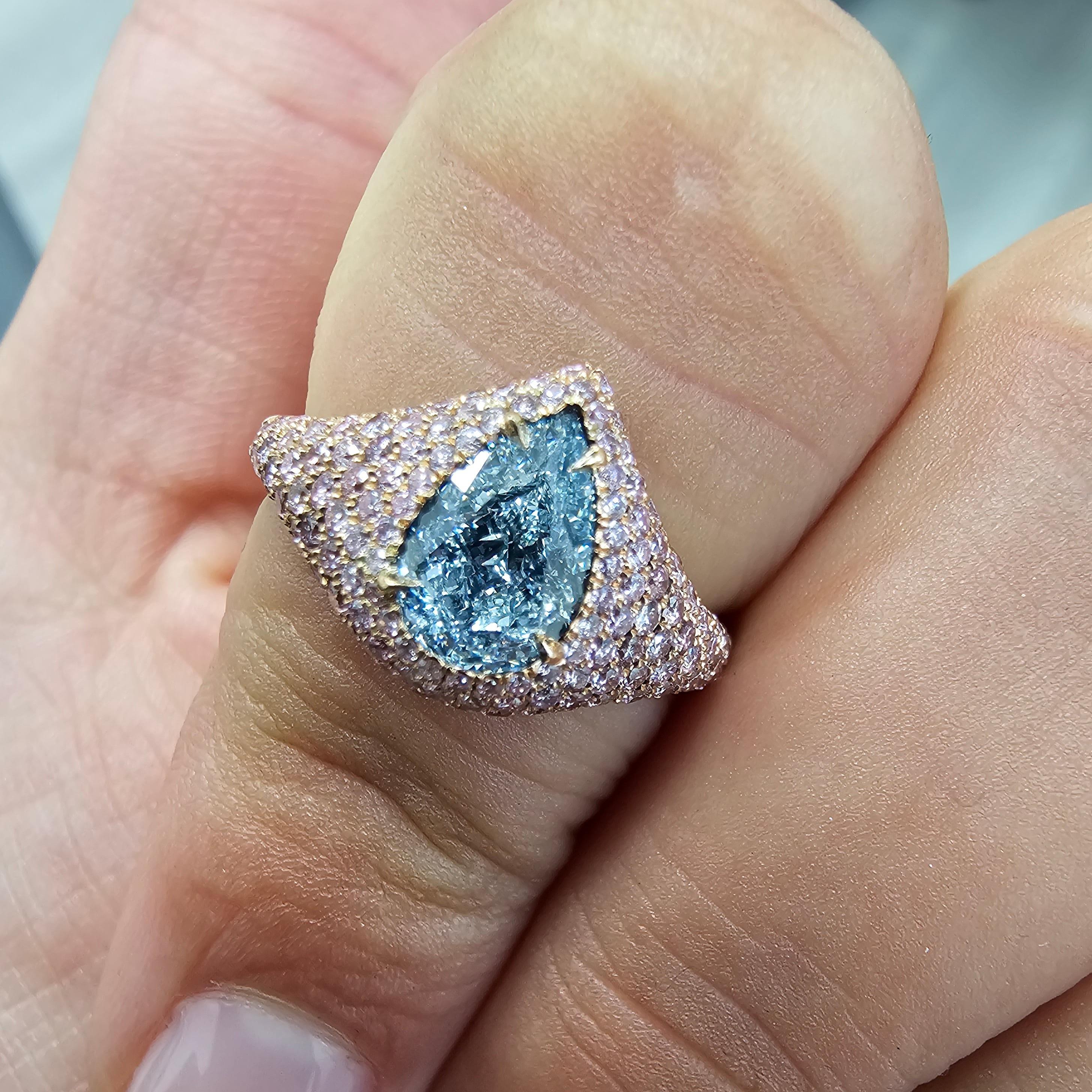 Women's 1 Carat GIA Light Blue Pear Shape Diamond Ring For Sale