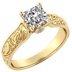 1 Carat GIA Princess Cut Diamond Engagement Ring, Hand Engraved Diamond Ring