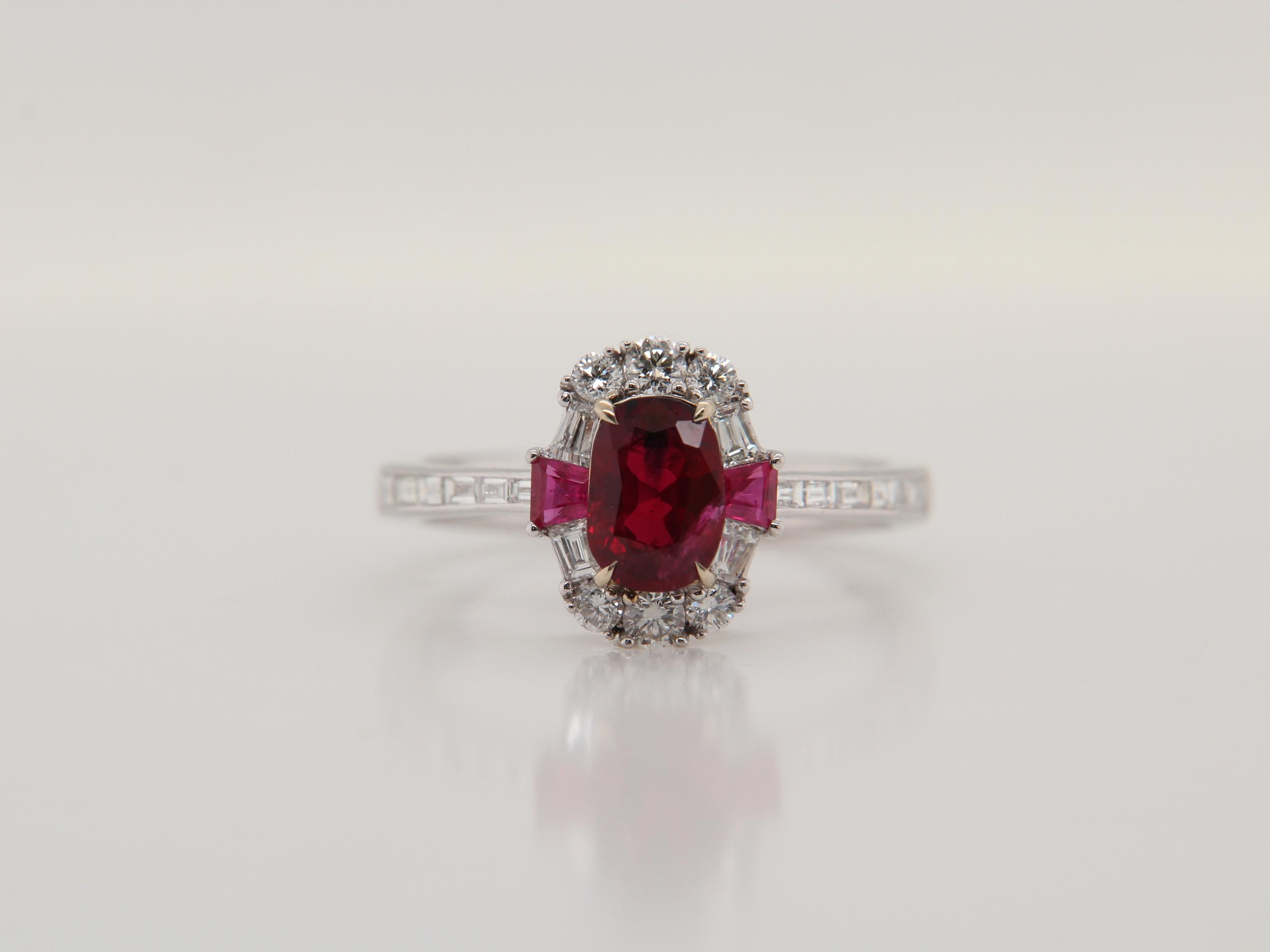 A brand new ruby ring made in 18 Karat fold. The center ruby is of Burmese origin, natural without any heat treatment, and weighs 1.08 carats, certified 'Pigeon Blood' by Gem Research Swisslab. The color has a nice fire to it, with a royal red color