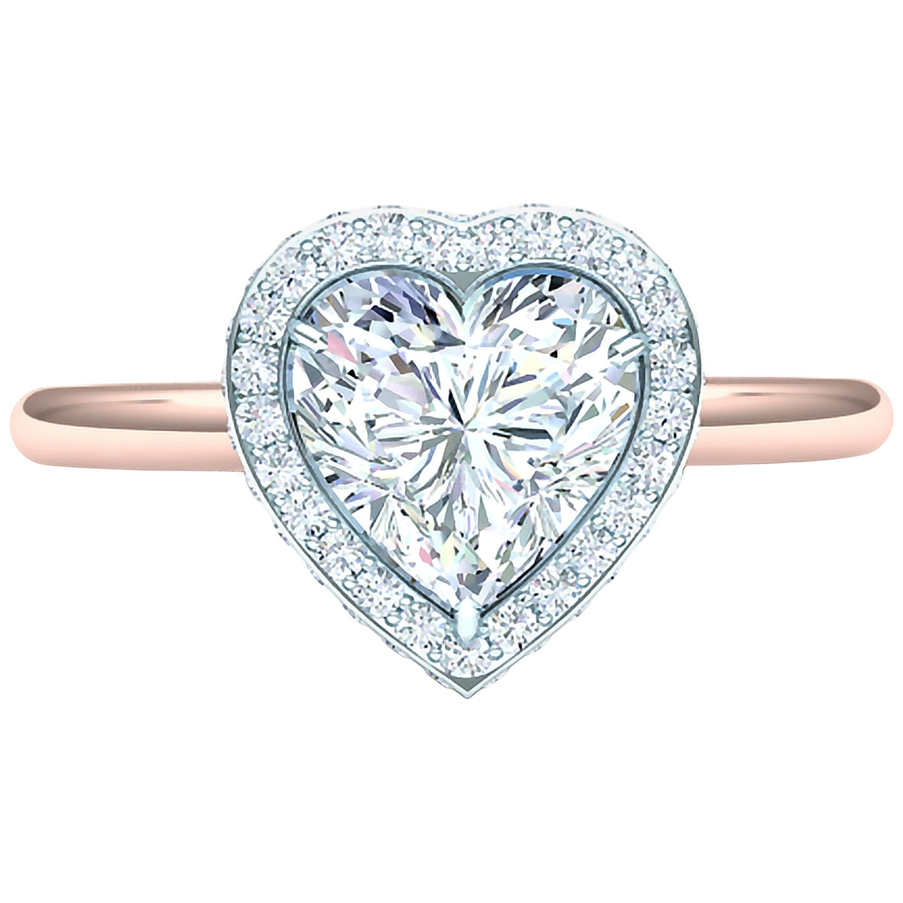 1 Carat Heart Diamond Halo .30 Carat Platinum Rose Gold Engagement Ring