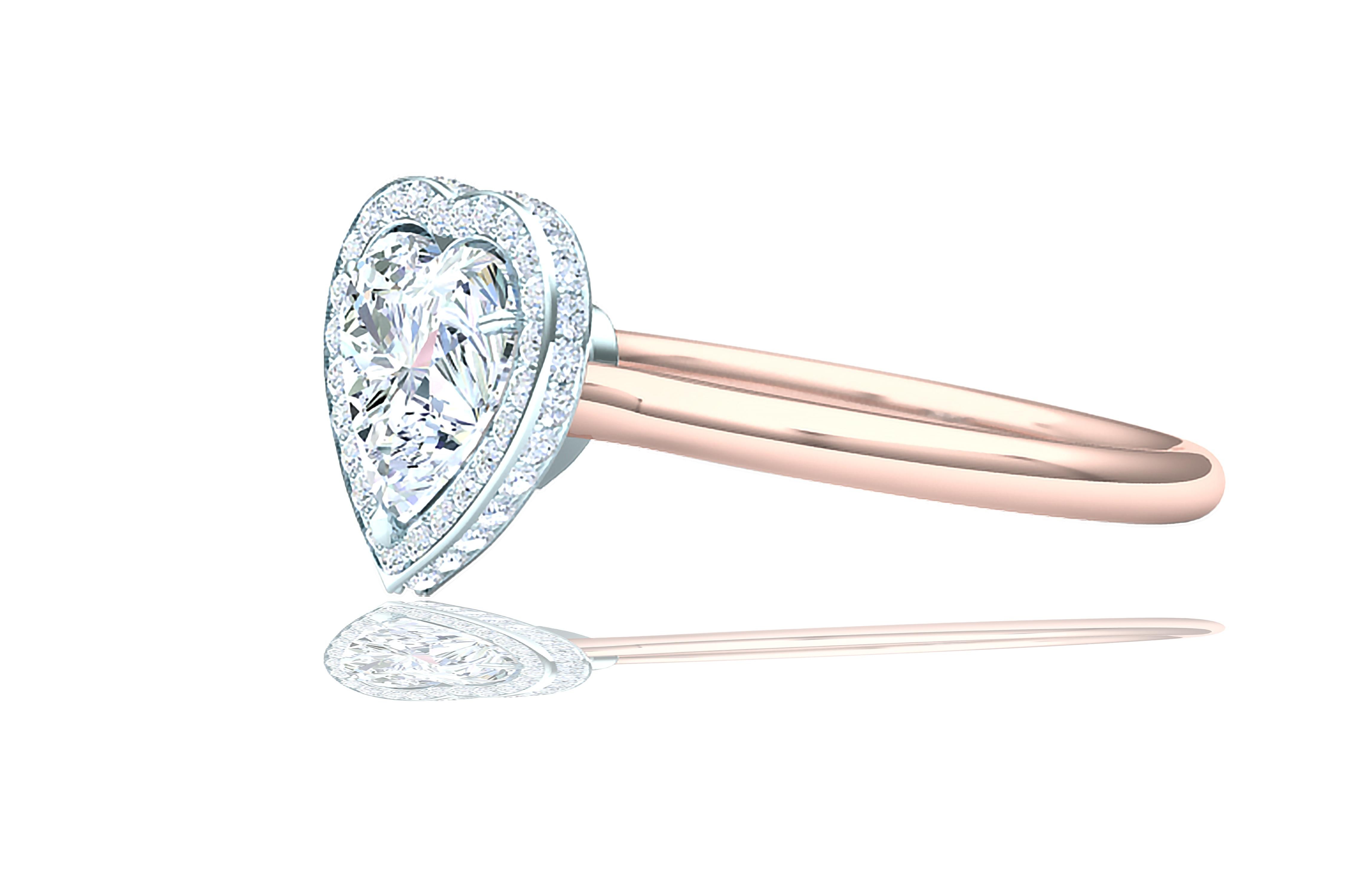 Modern 1 Carat Heart Diamond Halo .30 Carat Platinum Rose Gold Engagement Ring For Sale