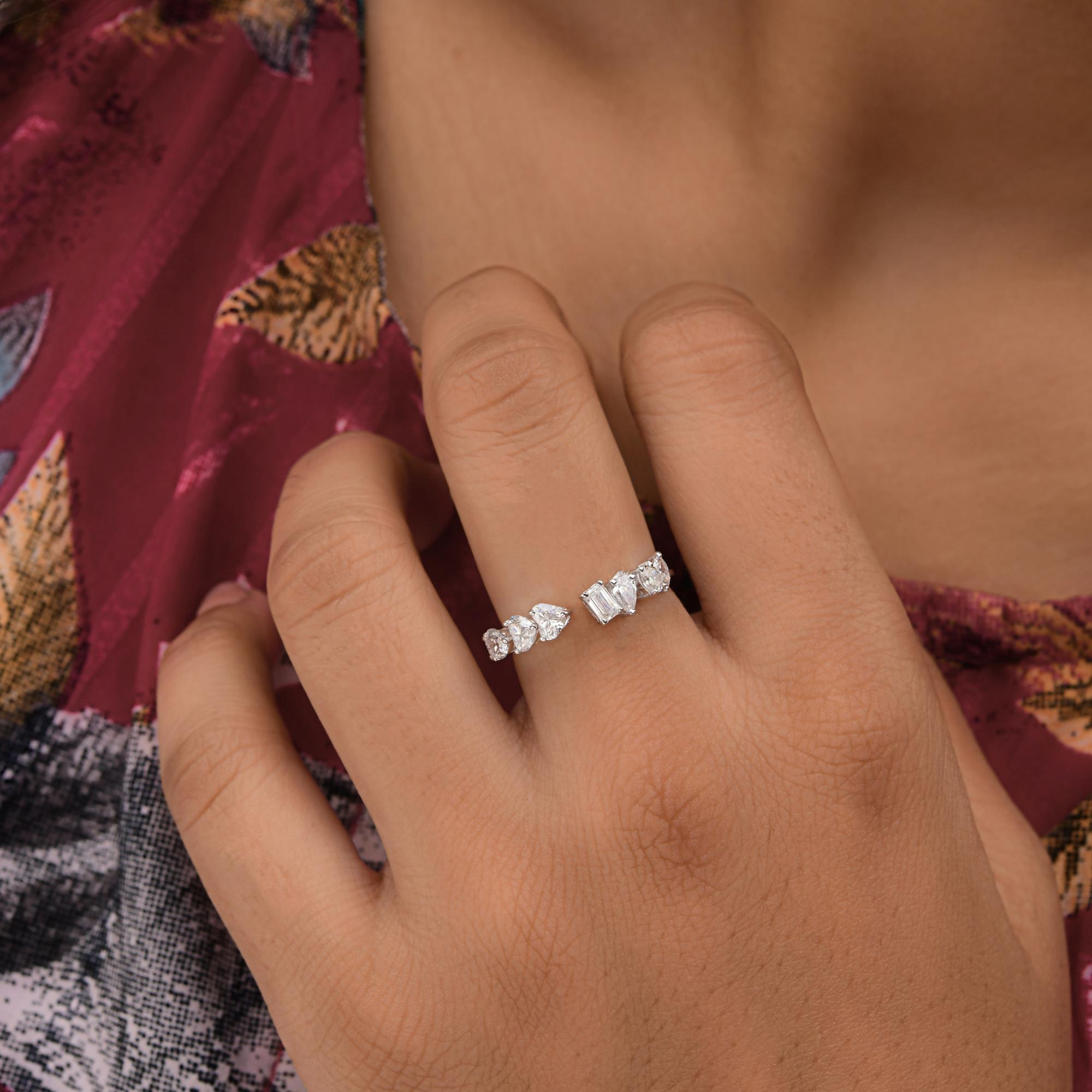 Modern 1 Carat Heart Emerald Cut Diamond Cuff Ring 18 Karat White Gold Handmade Jewelry For Sale