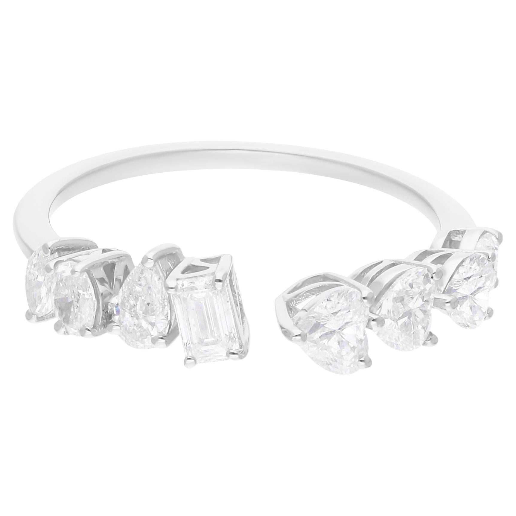 1 Carat Heart Emerald Cut Diamond Cuff Ring 18 Karat White Gold Handmade Jewelry For Sale