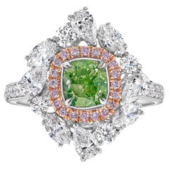 1 Carat Intense Yellow-Green Cushion Cut Diamond Cocktail Ring