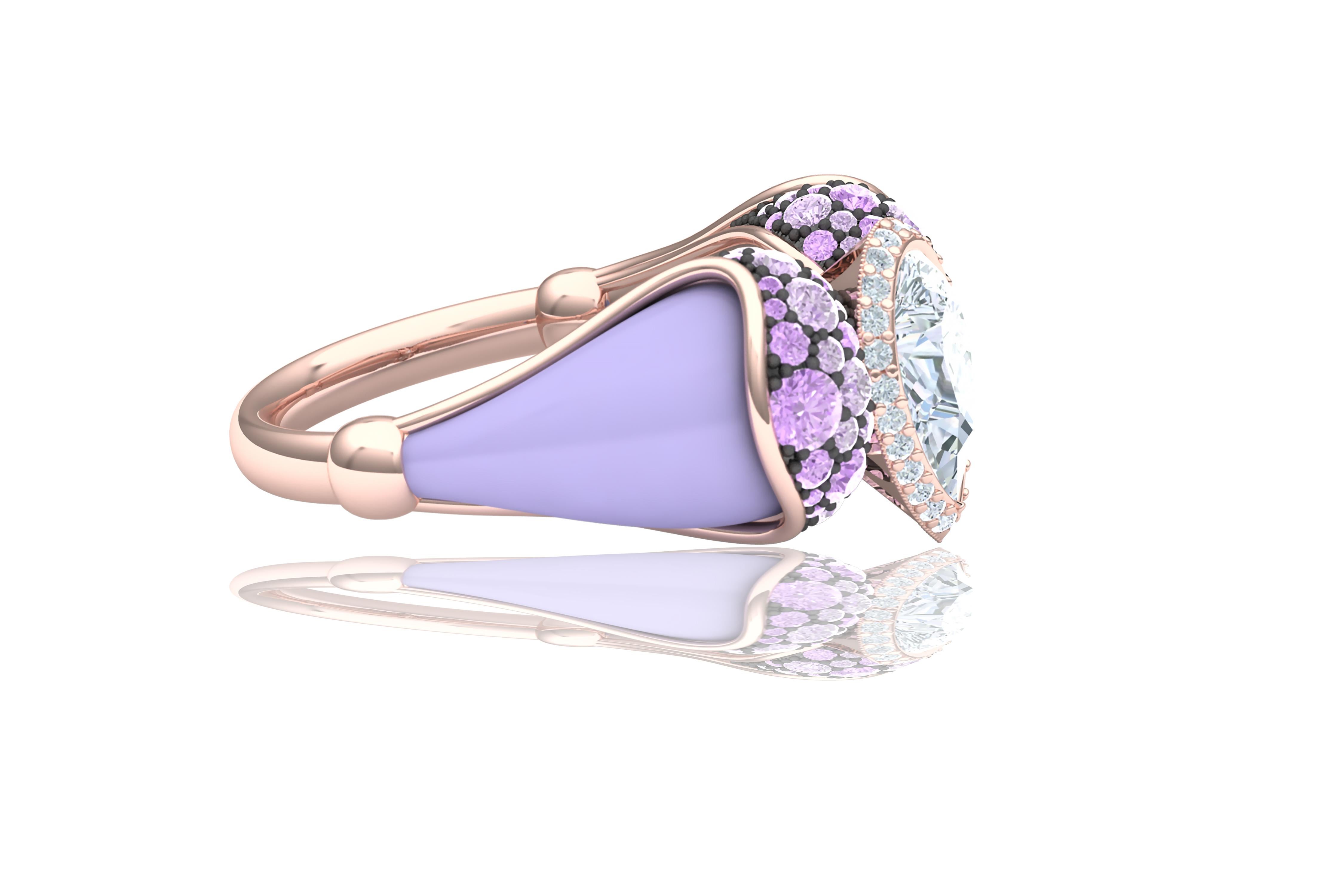A stunning display of all shades purple can be seen in this stunning cocktail ring.  The center stone of this gorgeous ring is a 1 carat Pear shape GIA certified diamond.  The center stone is complimented by over one carat of light purple sapphires