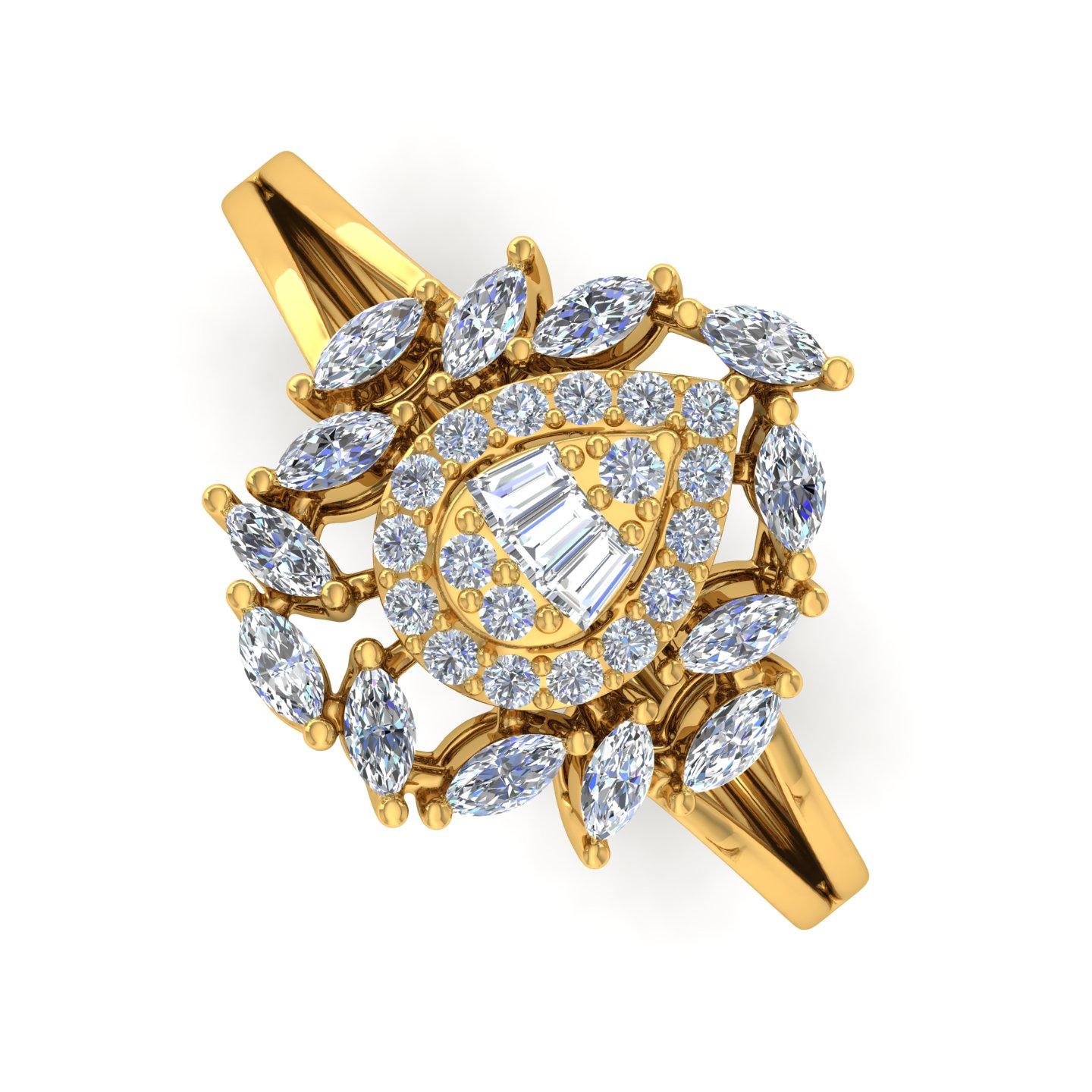 Baguette Cut 1 Carat Marquise Baguette Diamond Designer Ring 18 Karat Yellow Gold Jewelry For Sale