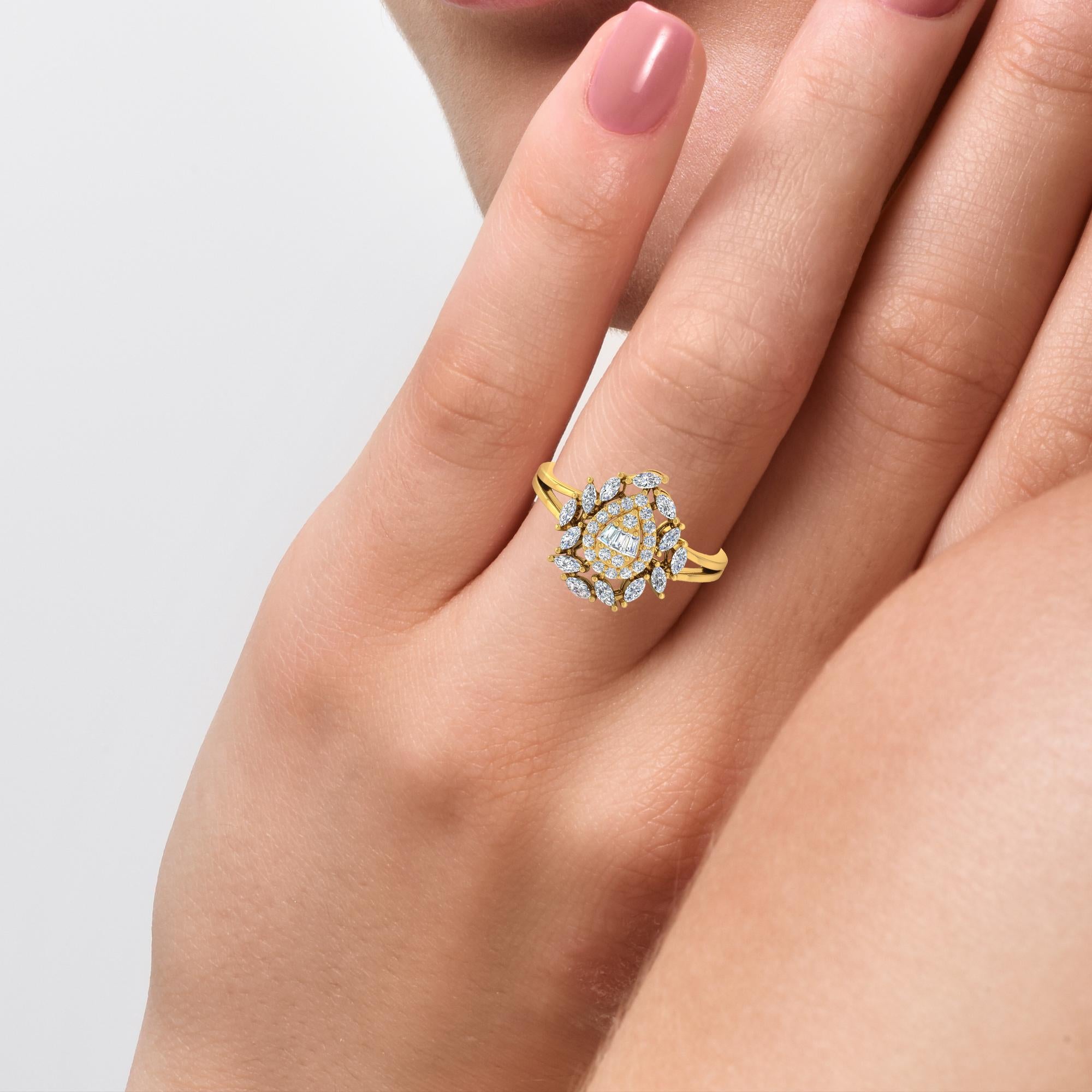 Women's 1 Carat Marquise Baguette Diamond Designer Ring 18 Karat Yellow Gold Jewelry For Sale