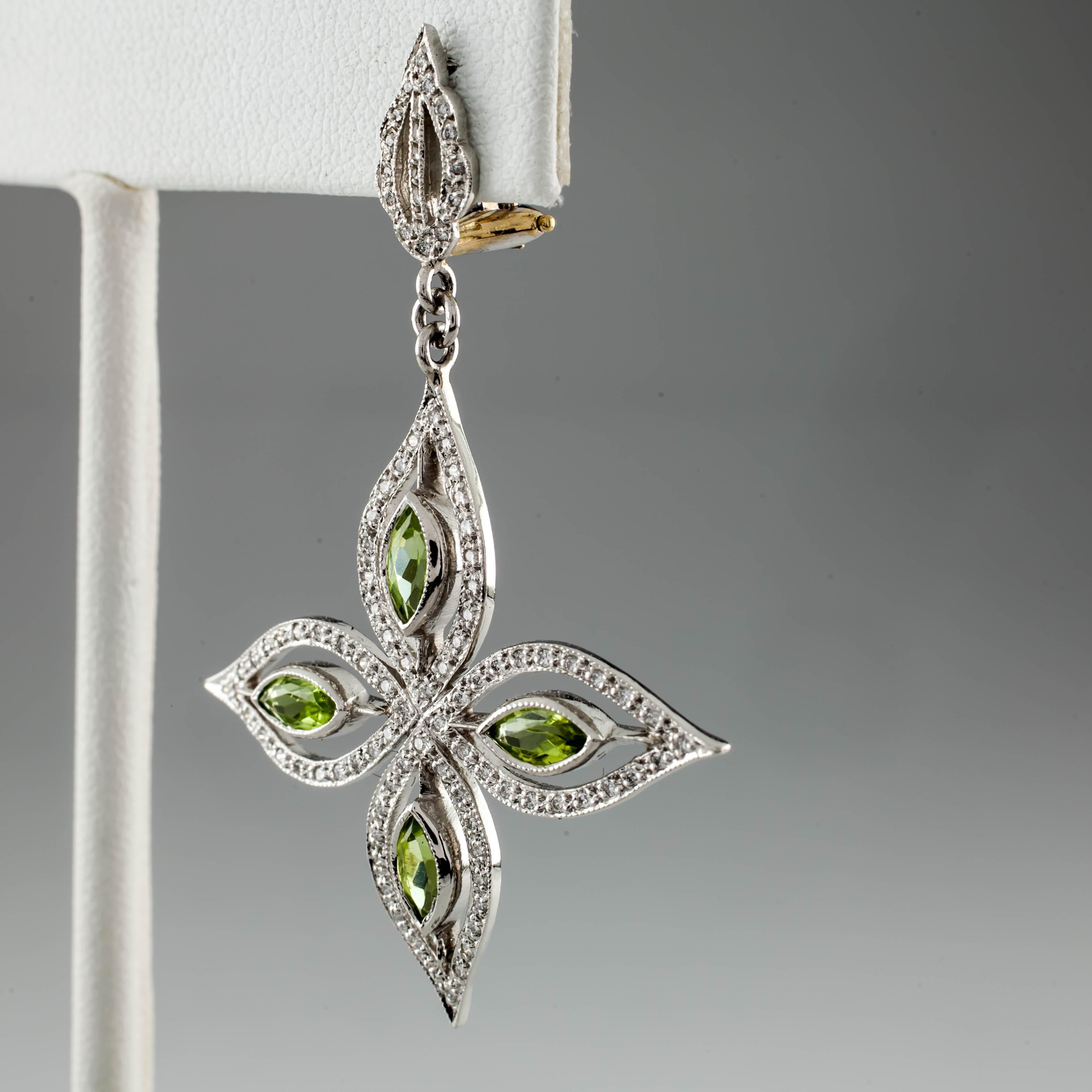 1 Karat Marquise Peridot und runder Diamant Stern-Ohrringe aus Platin (Moderne) im Angebot