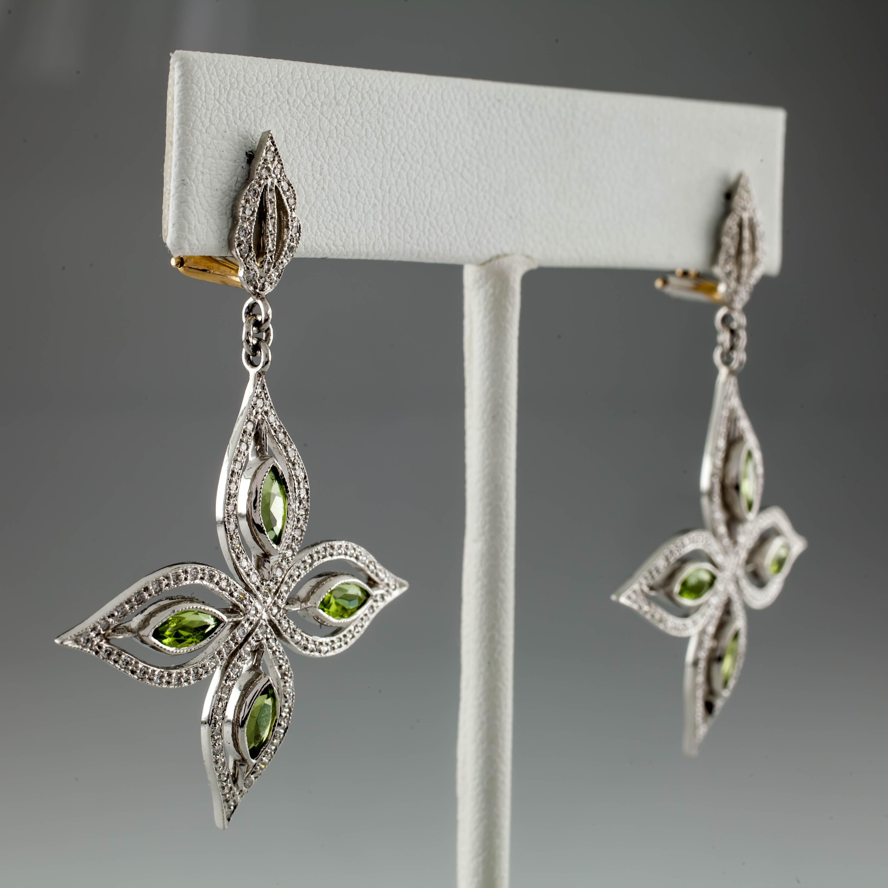 Modern 1 Carat Marquise Peridot and Round Diamond Star Dangle Earrings in Platinum For Sale