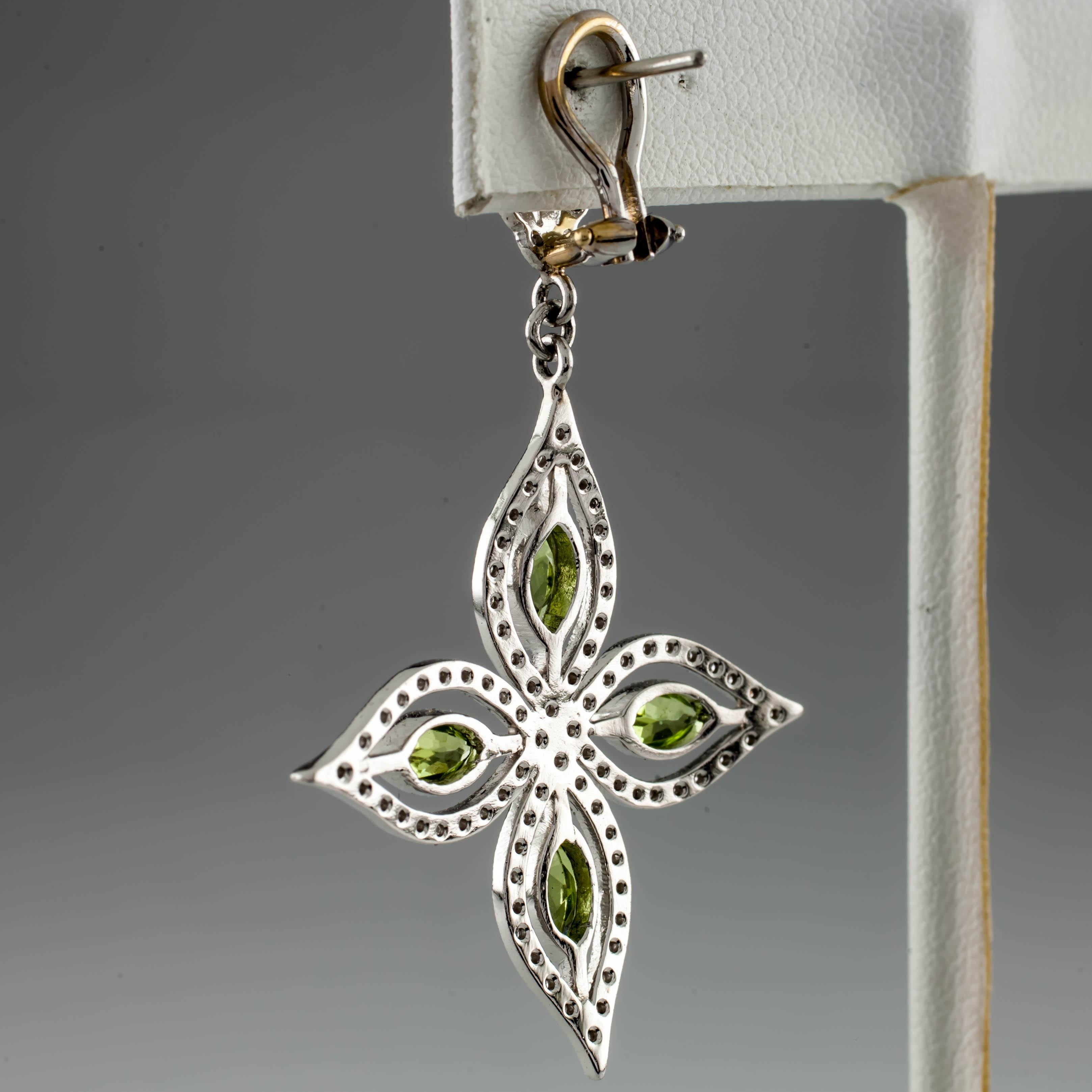 Marquise Cut 1 Carat Marquise Peridot and Round Diamond Star Dangle Earrings in Platinum For Sale