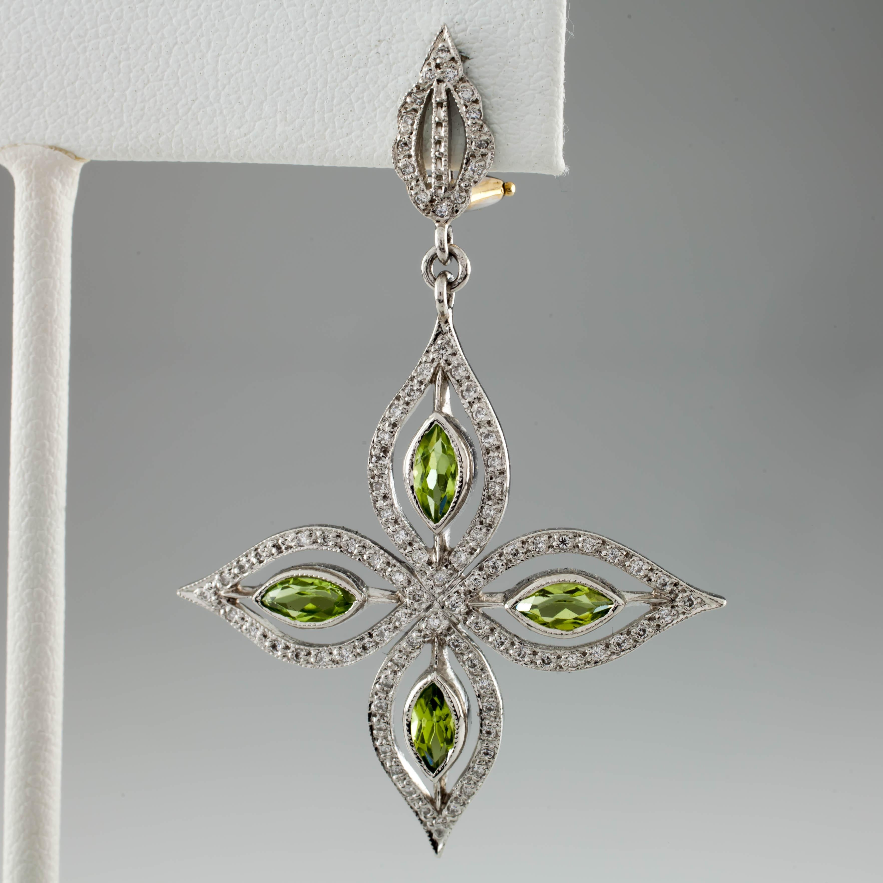 1 Carat Marquise Peridot and Round Diamond Star Dangle Earrings in Platinum In Good Condition For Sale In Sherman Oaks, CA