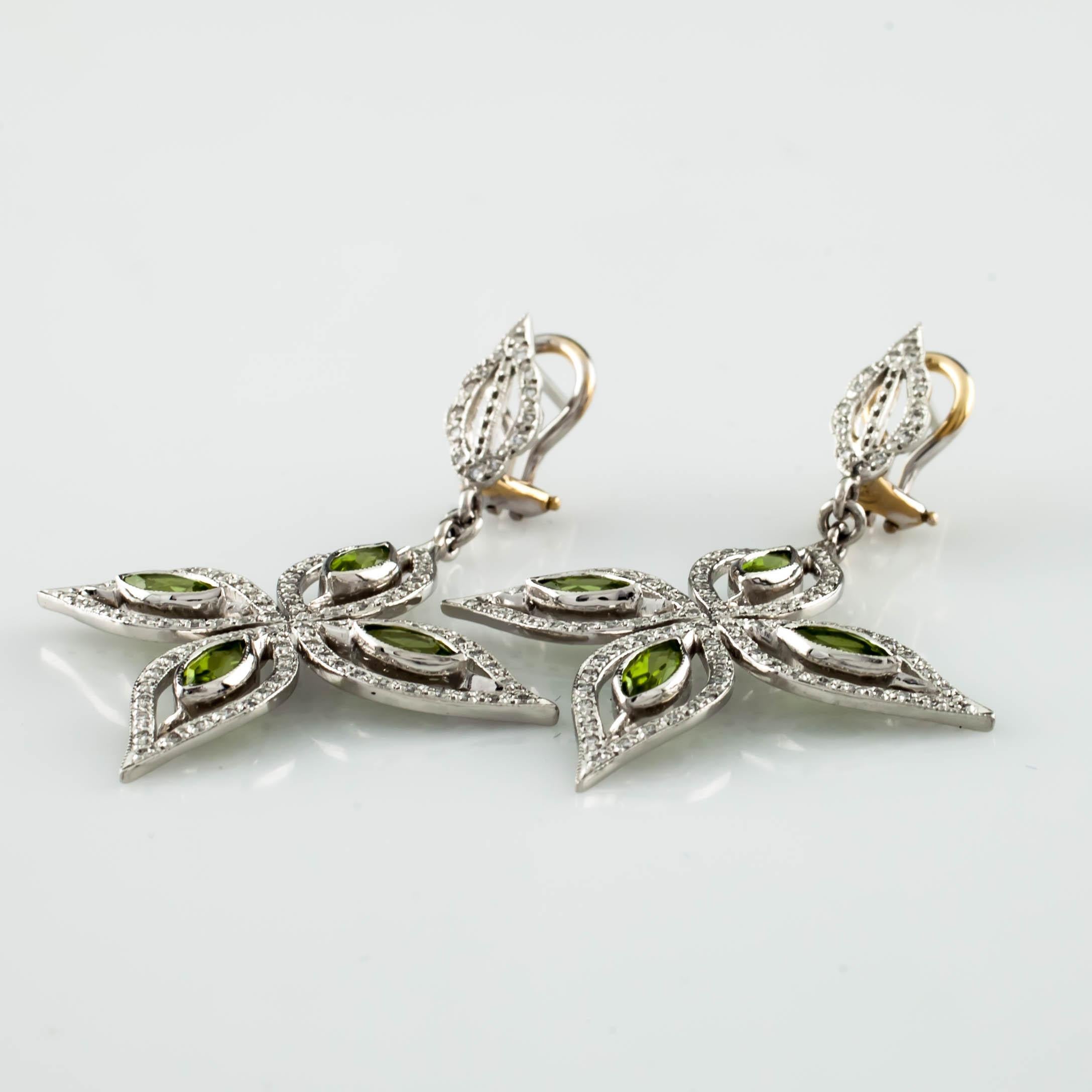 Women's 1 Carat Marquise Peridot and Round Diamond Star Dangle Earrings in Platinum For Sale