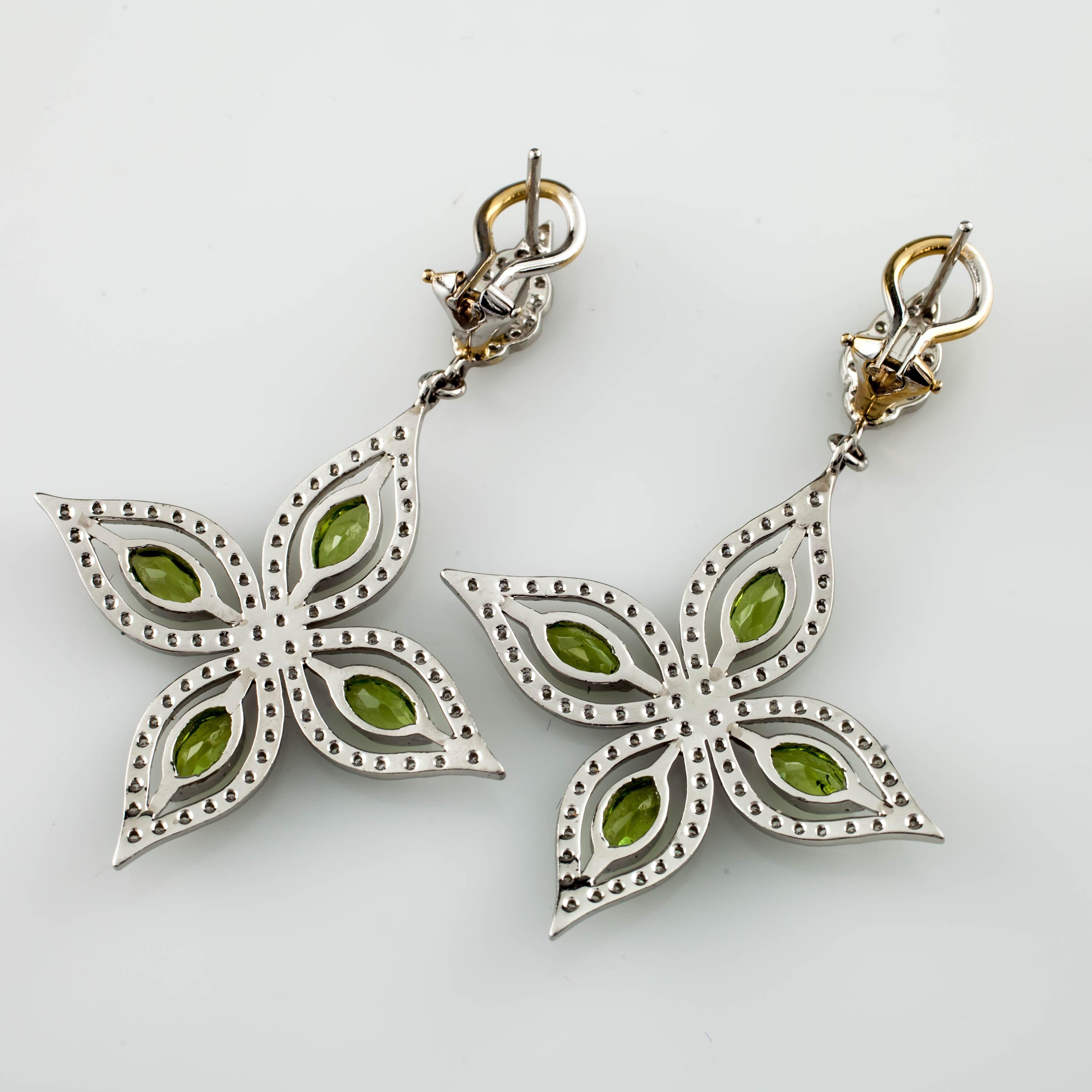 1 Carat Marquise Peridot and Round Diamond Star Dangle Earrings in Platinum For Sale 1