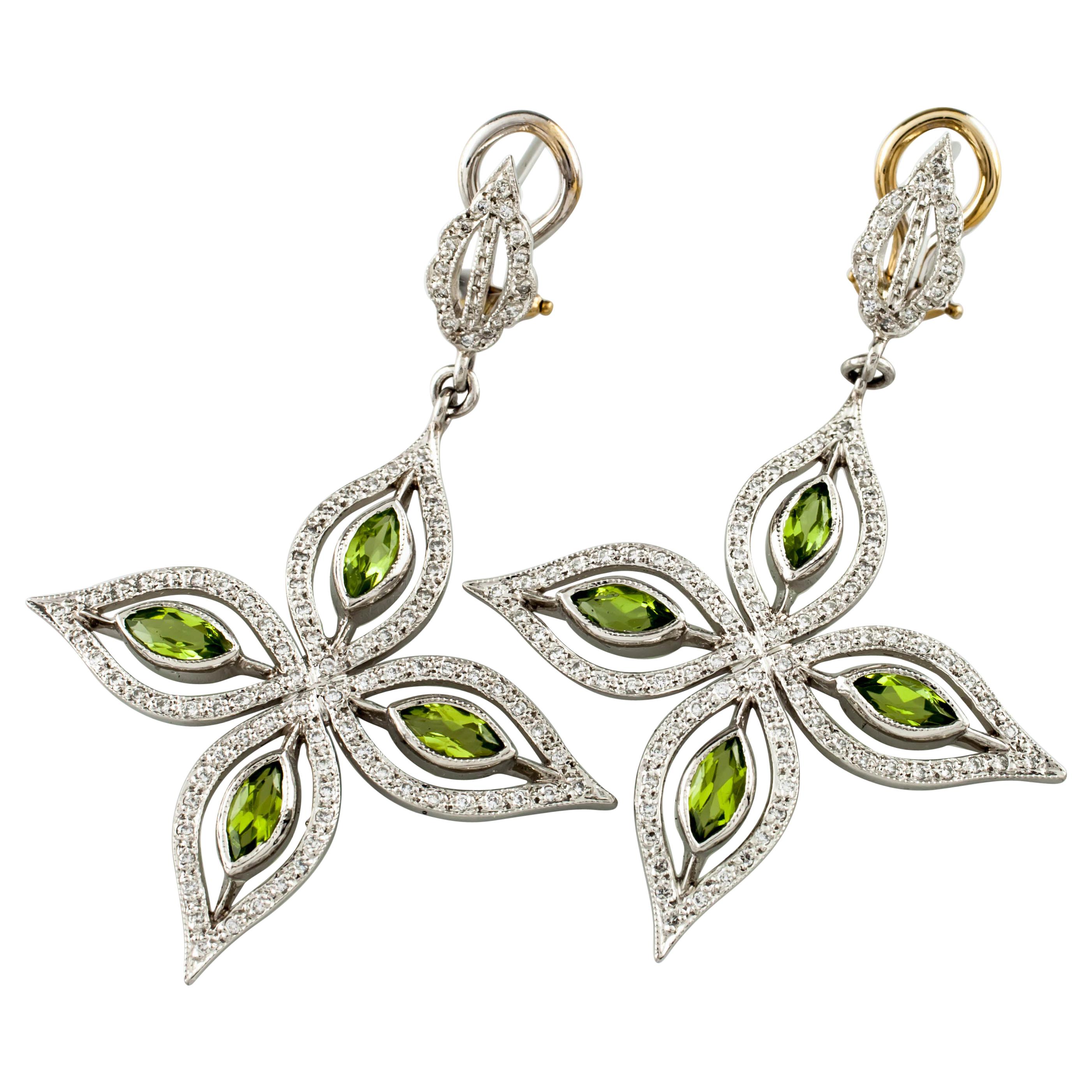 1 Carat Marquise Peridot and Round Diamond Star Dangle Earrings in Platinum