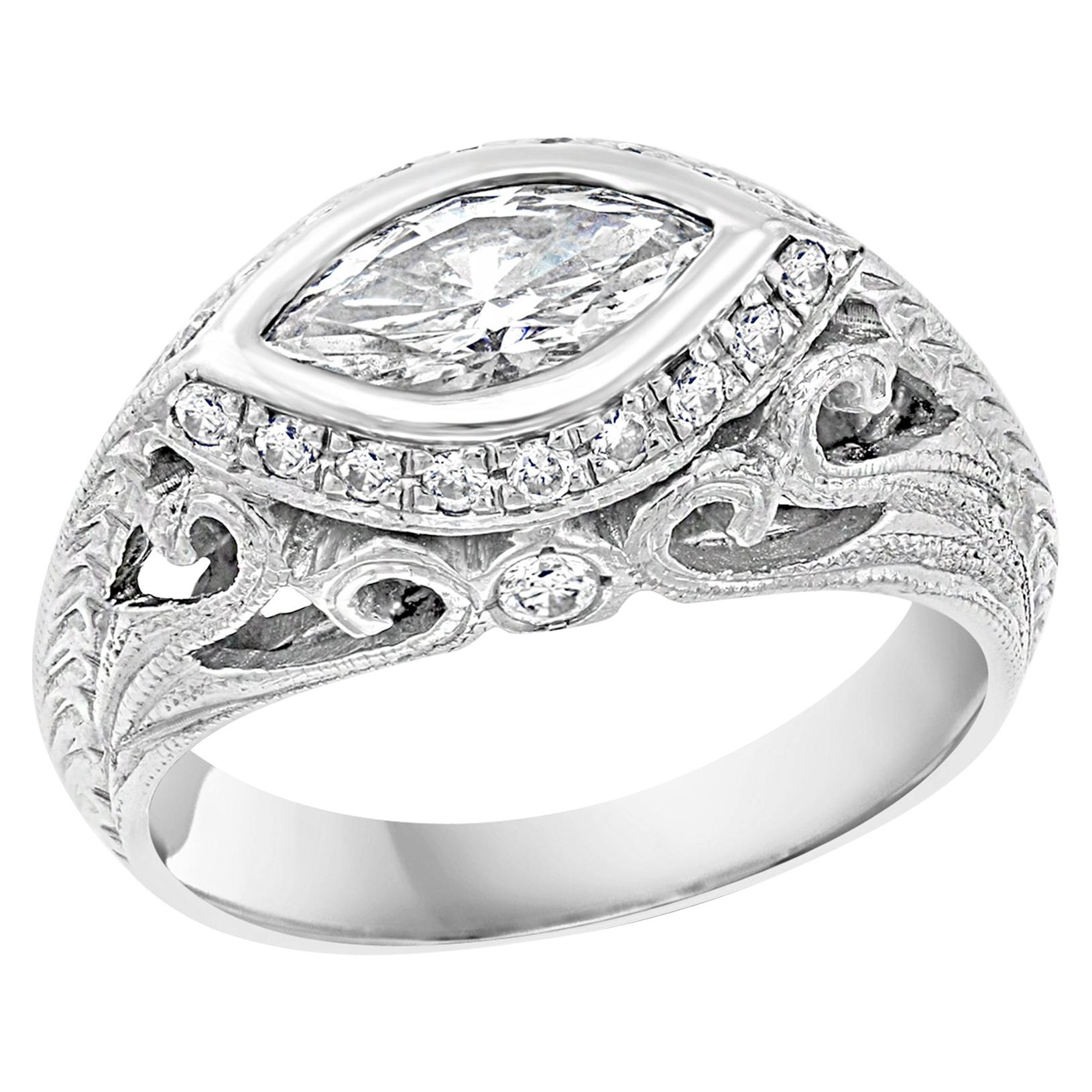 1 Carat Marquise Shape Center Diamond 14 Karat White Gold Ring, Art Deco Style For Sale
