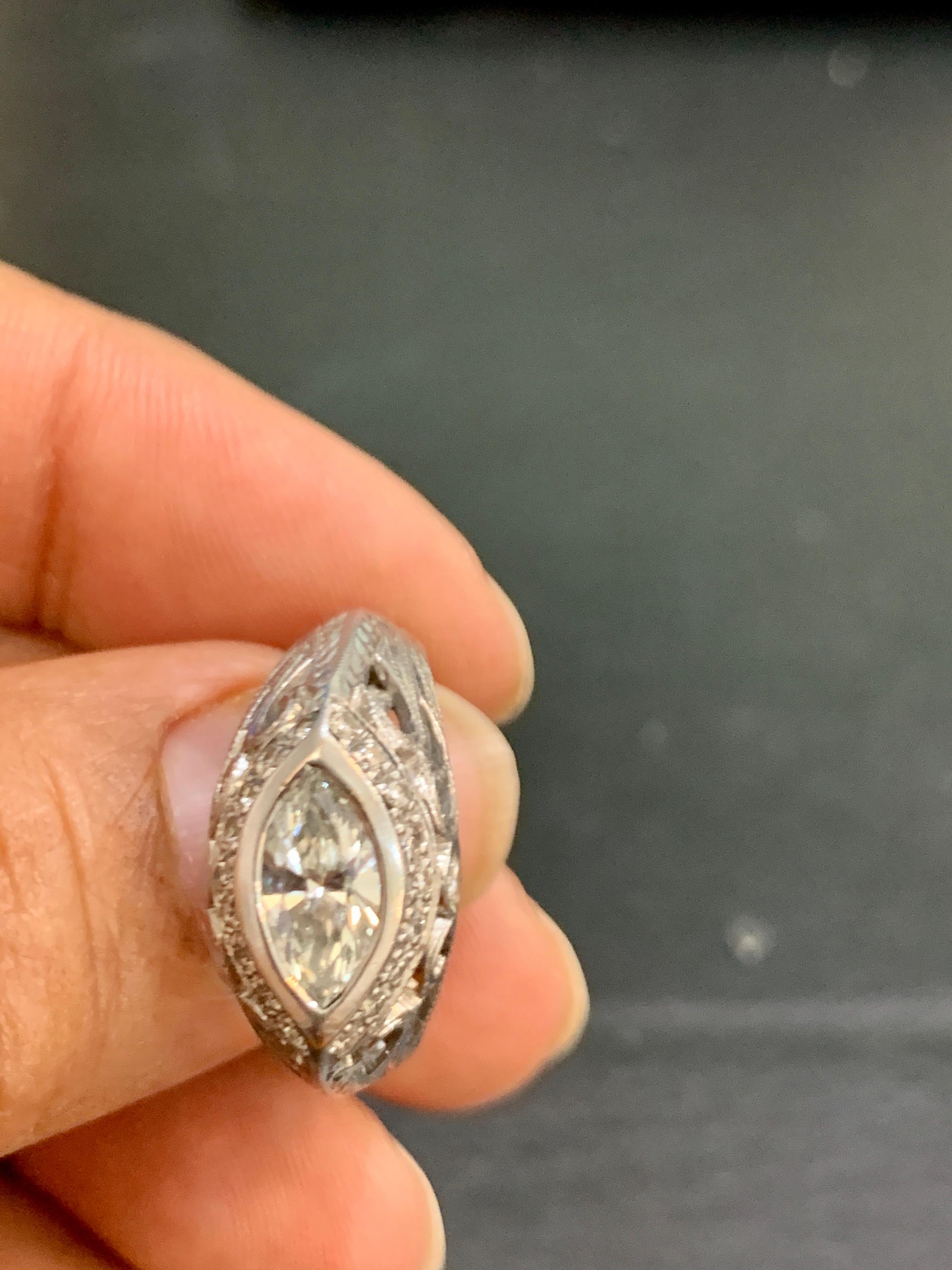1 Carat Marquise Shape Center Diamond 14 Karat White Gold Ring, Art Deco Style In Excellent Condition For Sale In New York, NY