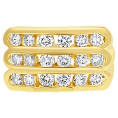 Bague pour hommes à trois rangées de diamants 1 carat en or jaune 14 carats